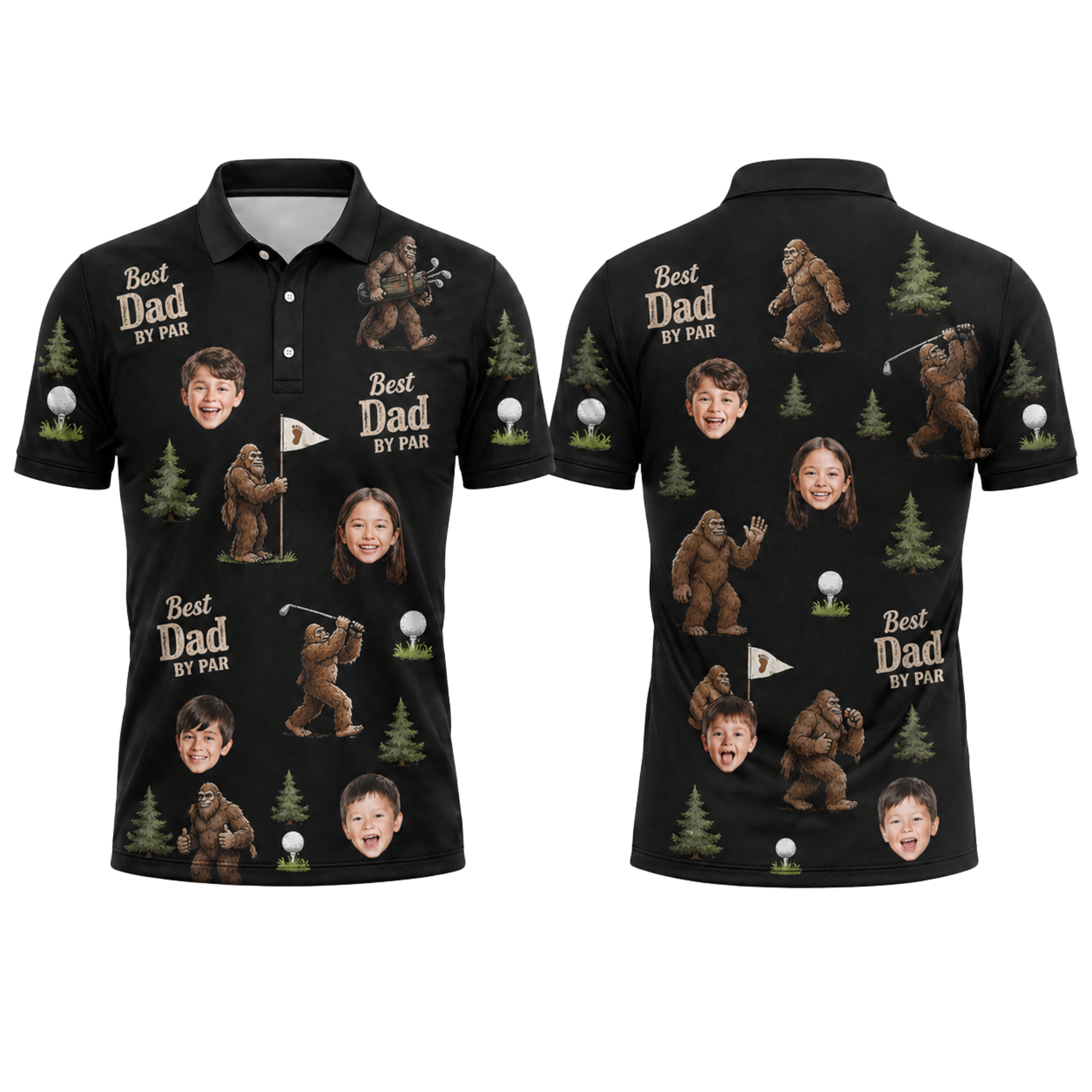 Custom Face 3D Polo Shirt Best Dad By Par Bigfoot – Personalized Photo Funny Black Golf Polo, Father's Day Gift