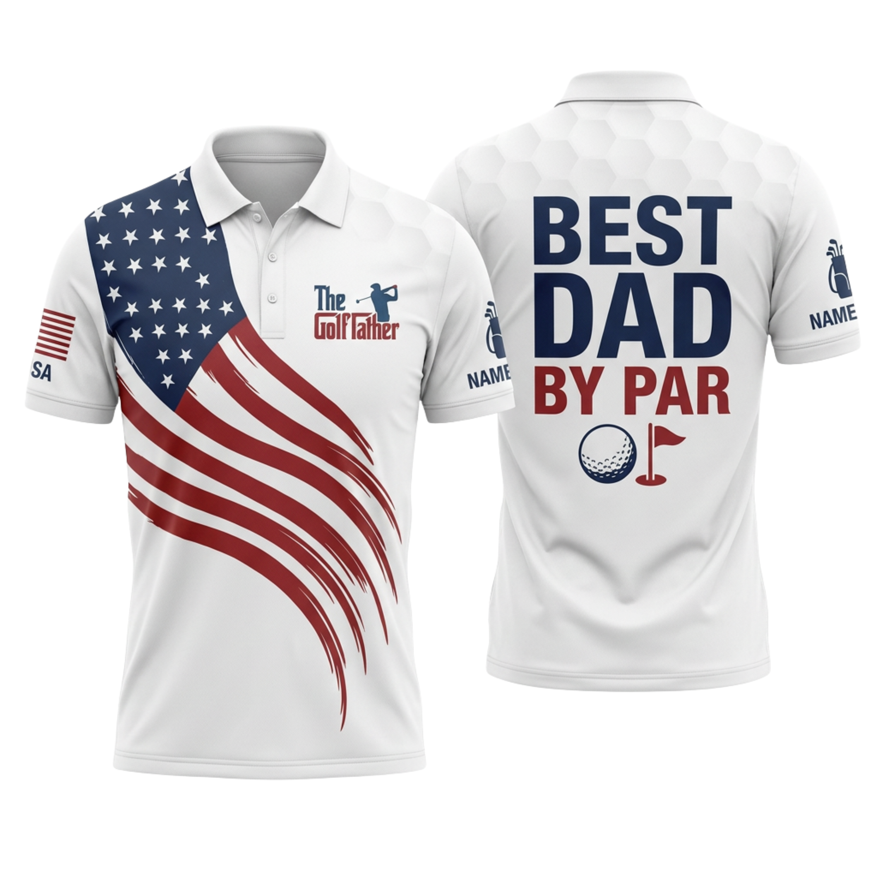 Custom 3D Polo Shirt The Golf Father, Best Dad By Par – Personalized American Flag Father's Day Golf Polo with Name
