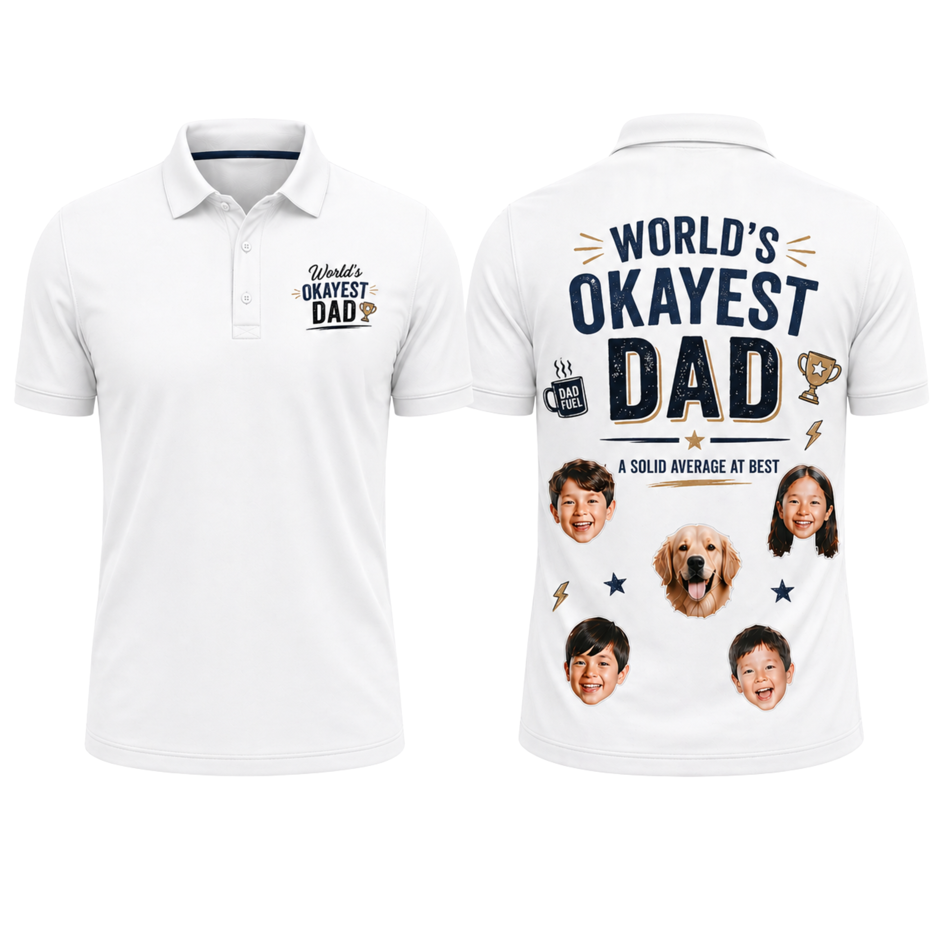 Custom Face 3D Polo Shirt World's Okayest Dad – Personalized Photo Funny White Polo Father's Day Gift