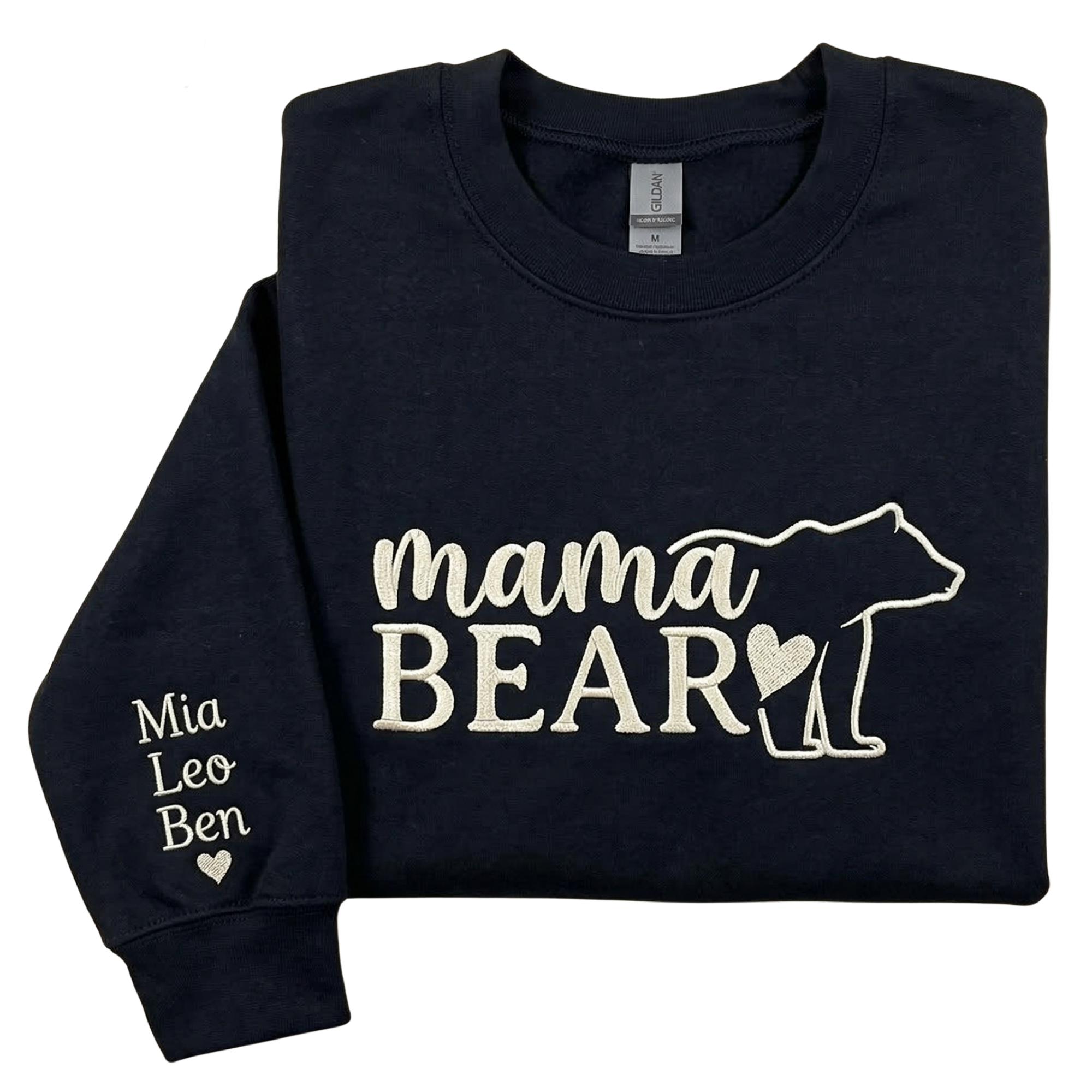 Personalized Mama Bear with Heart Embroidered Sweatshirt with Cubs Names on Sleeve | Mom Gift