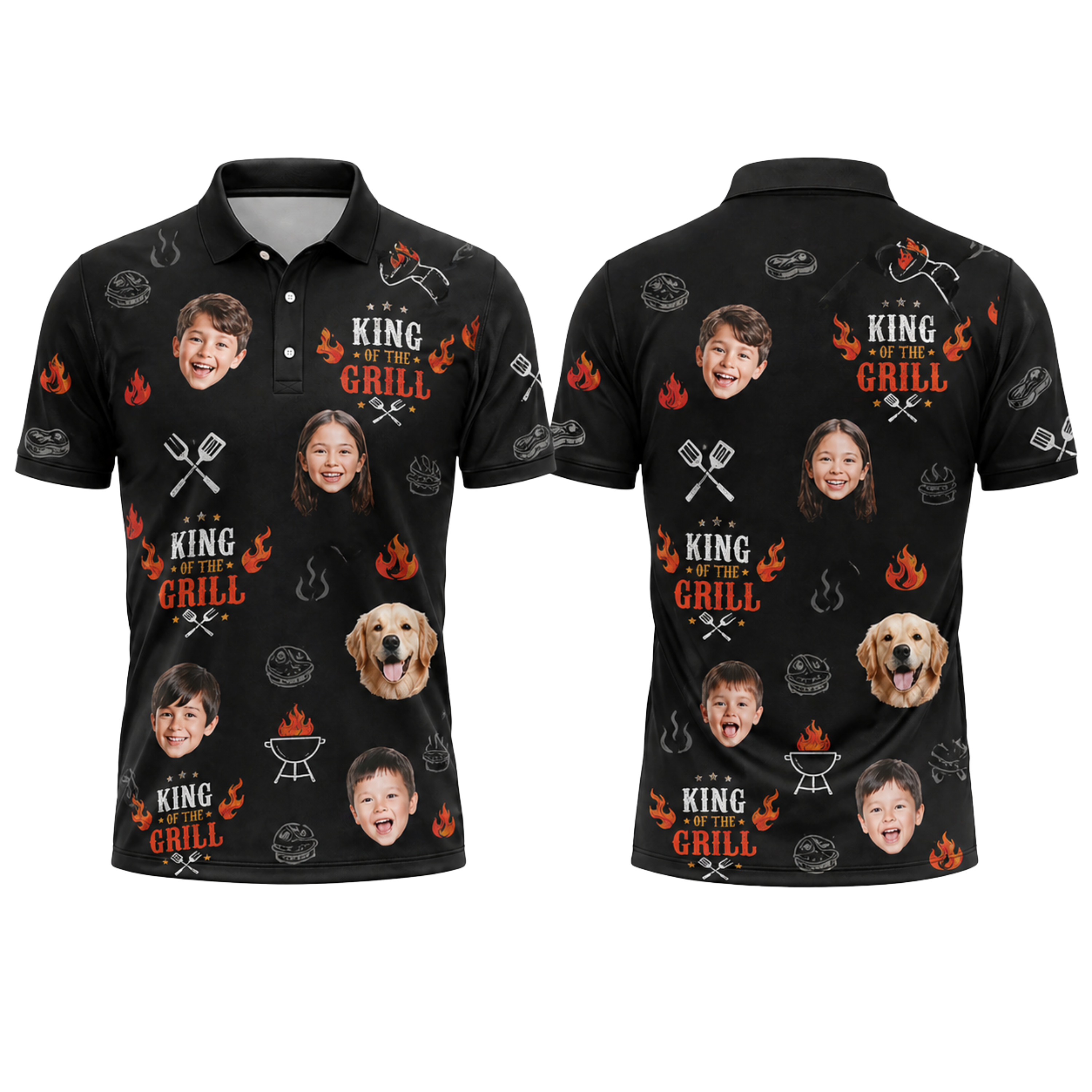 Custom Face 3D Polo Shirt King of the Grill – Personalized Photo BBQ Polo, Father's Day Gift for Grill Dad