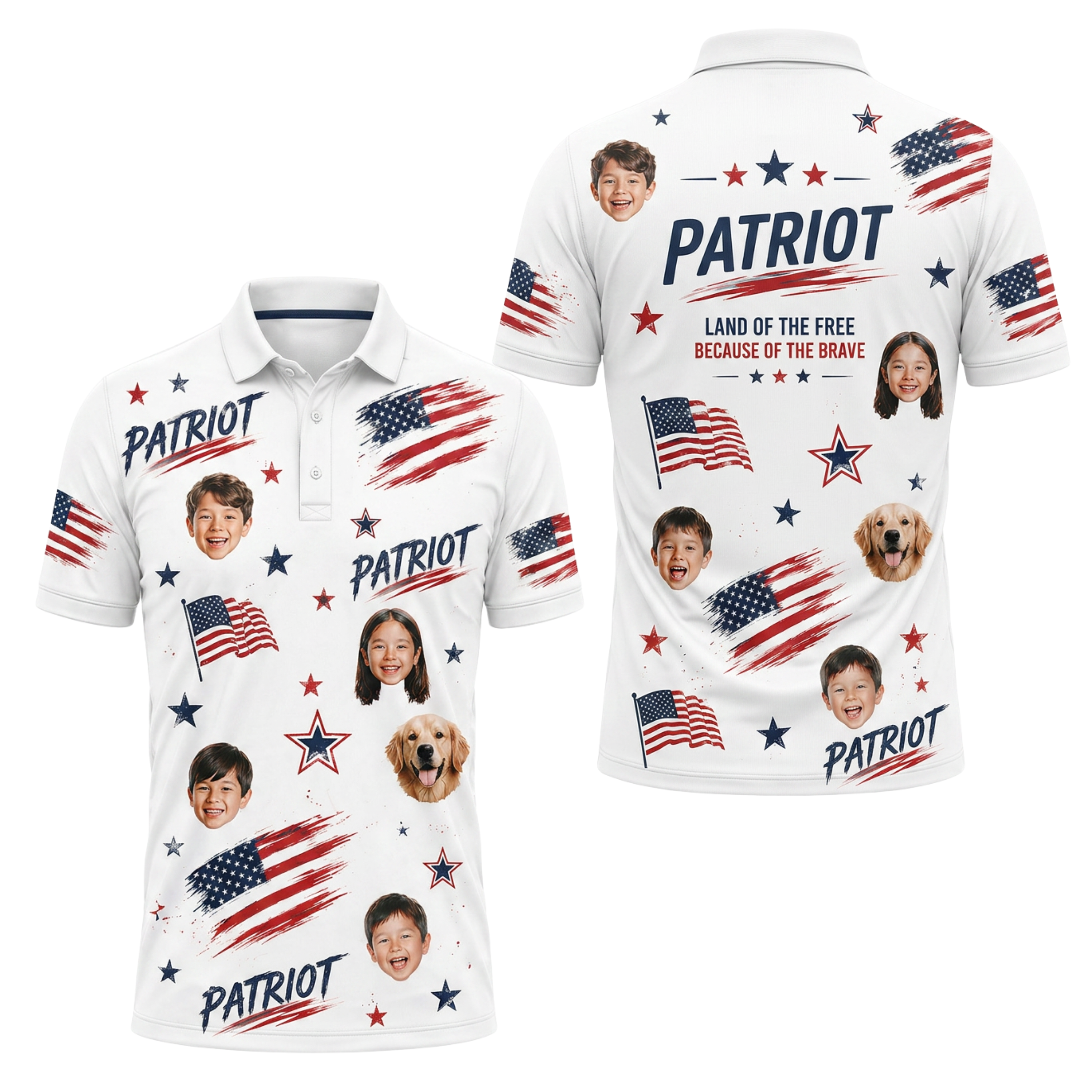Custom Face 3D Polo Shirt Patriot Land of the Free – Personalized Photo American Flag White Polo, 4th of July Gift