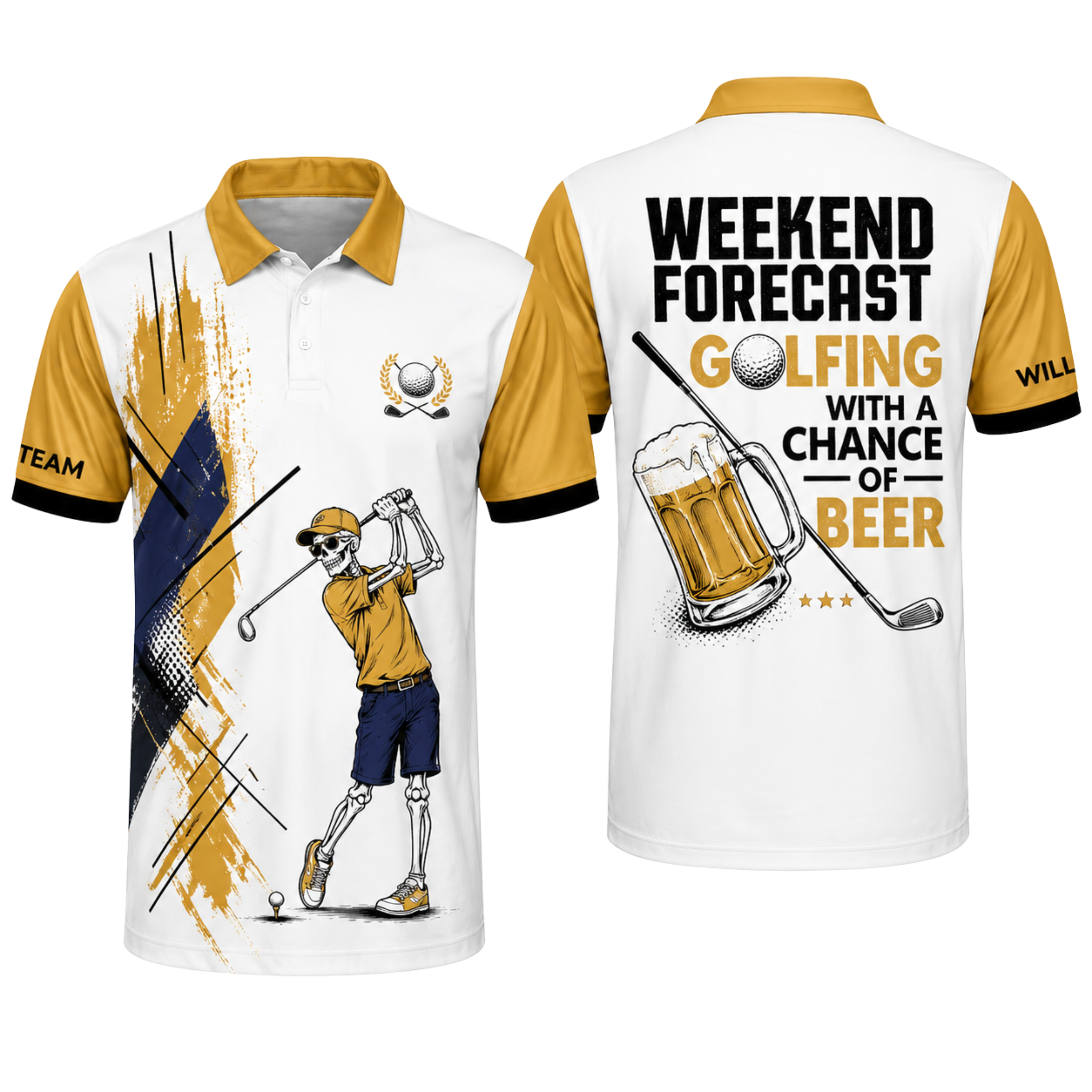 Custom 3D Polo Shirt Weekend Forecast Golfing With a Chance of Beer – Personalized Funny Skeleton Golf Polo