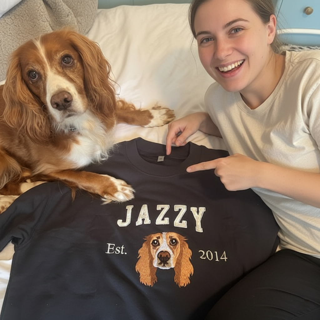 Custom Varsity Dog Embroidered Sweatshirt – Personalized Pet Portrait & Name with EST Year