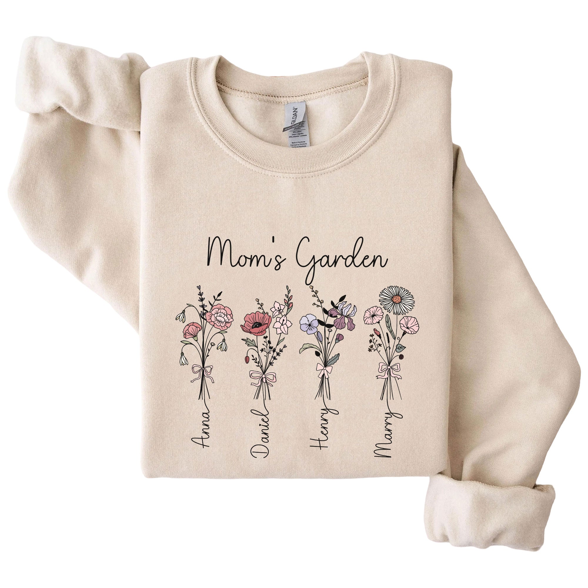 Custom Mom Birth Flower Kids Names Sweatshirt Hoodie - view 3, custom embroidered by Intriklo