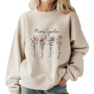 Custom Mom Birth Flower Kids Names Sweatshirt Hoodie - detail view, custom embroidered by Intriklo