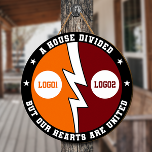 Personalized House Divided Sports Sign | Custom Team Logo Door & Wall Decor - detail view, custom embroidered by Intriklo