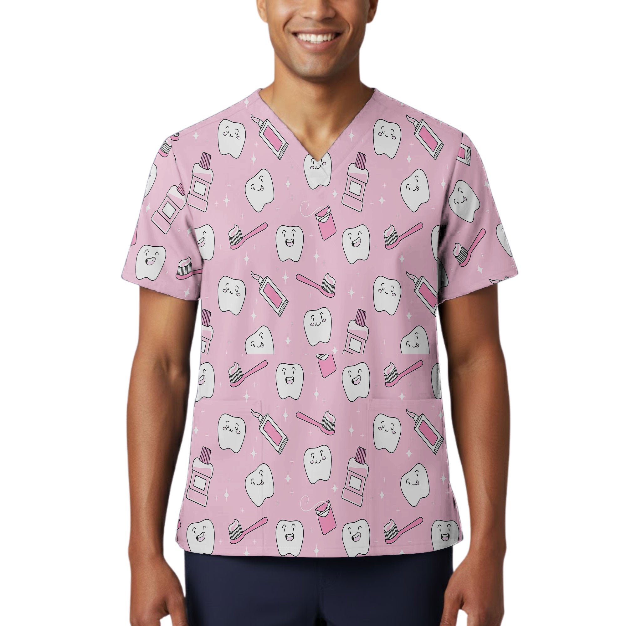 Pink Kawaii Tooth Toothbrush Printed Scrub Top for Dentists