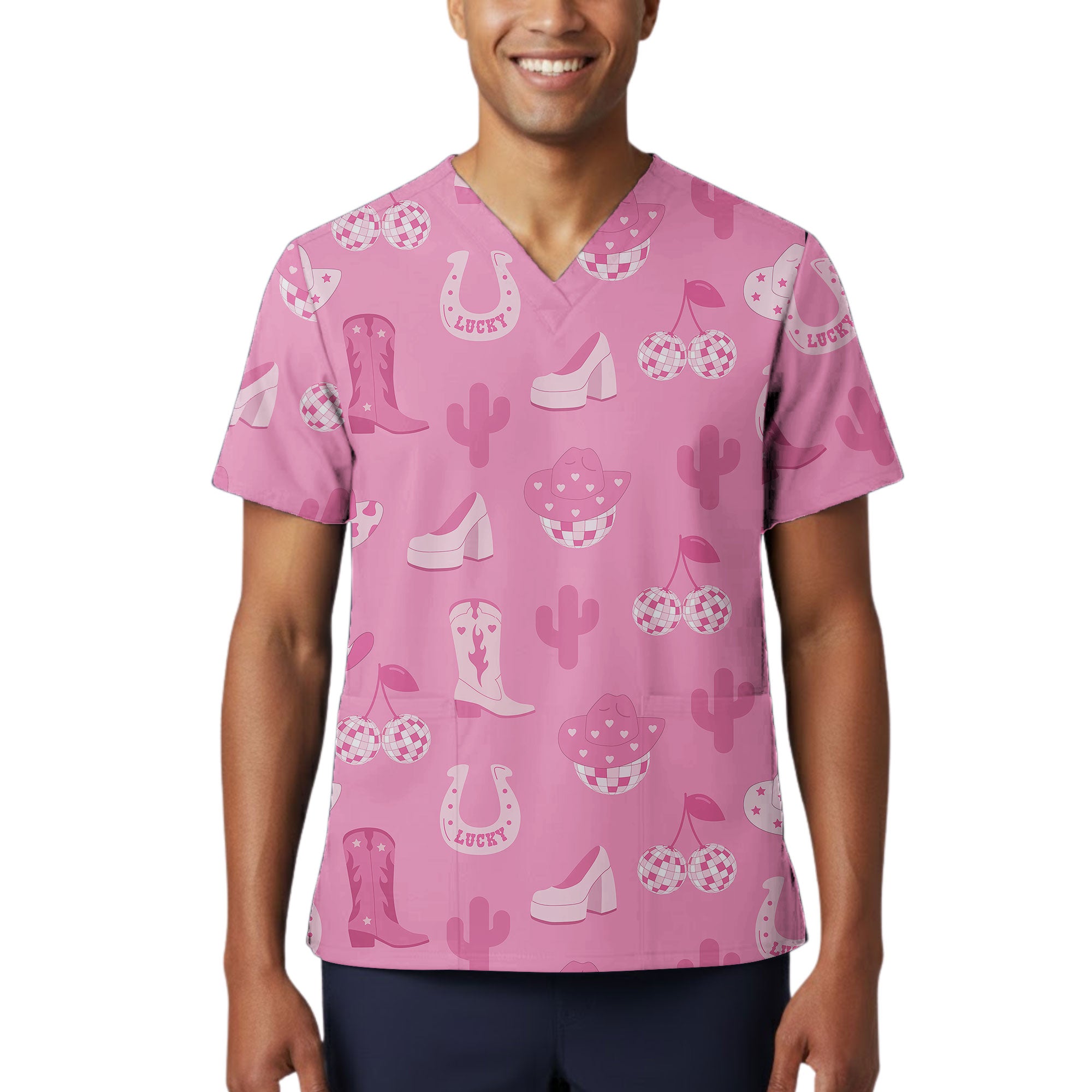 Pink Lucky Disco Cowgirl Printed Scrub Top for Nurses