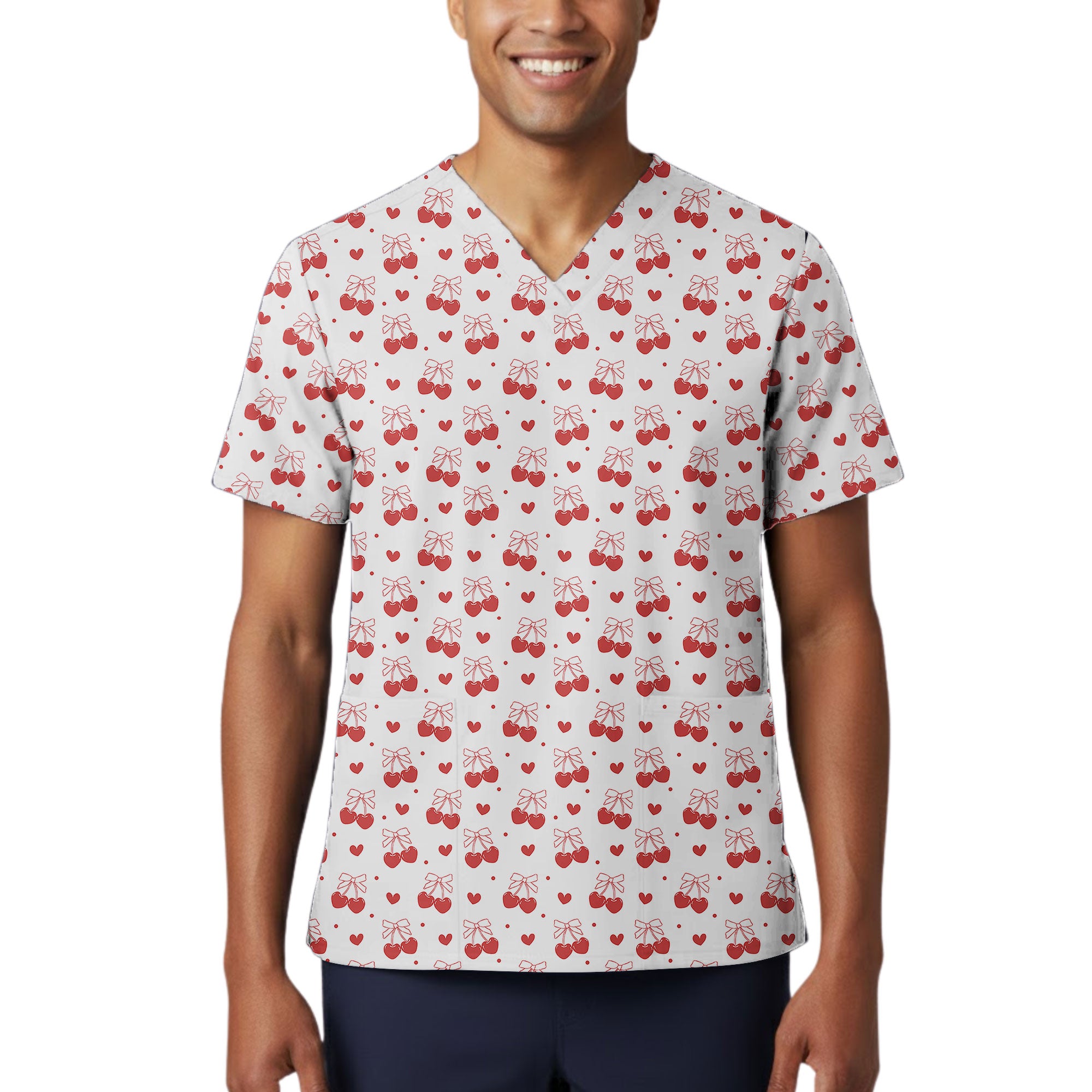 Red Cherry Heart Bow Printed Scrub Top for Nurses