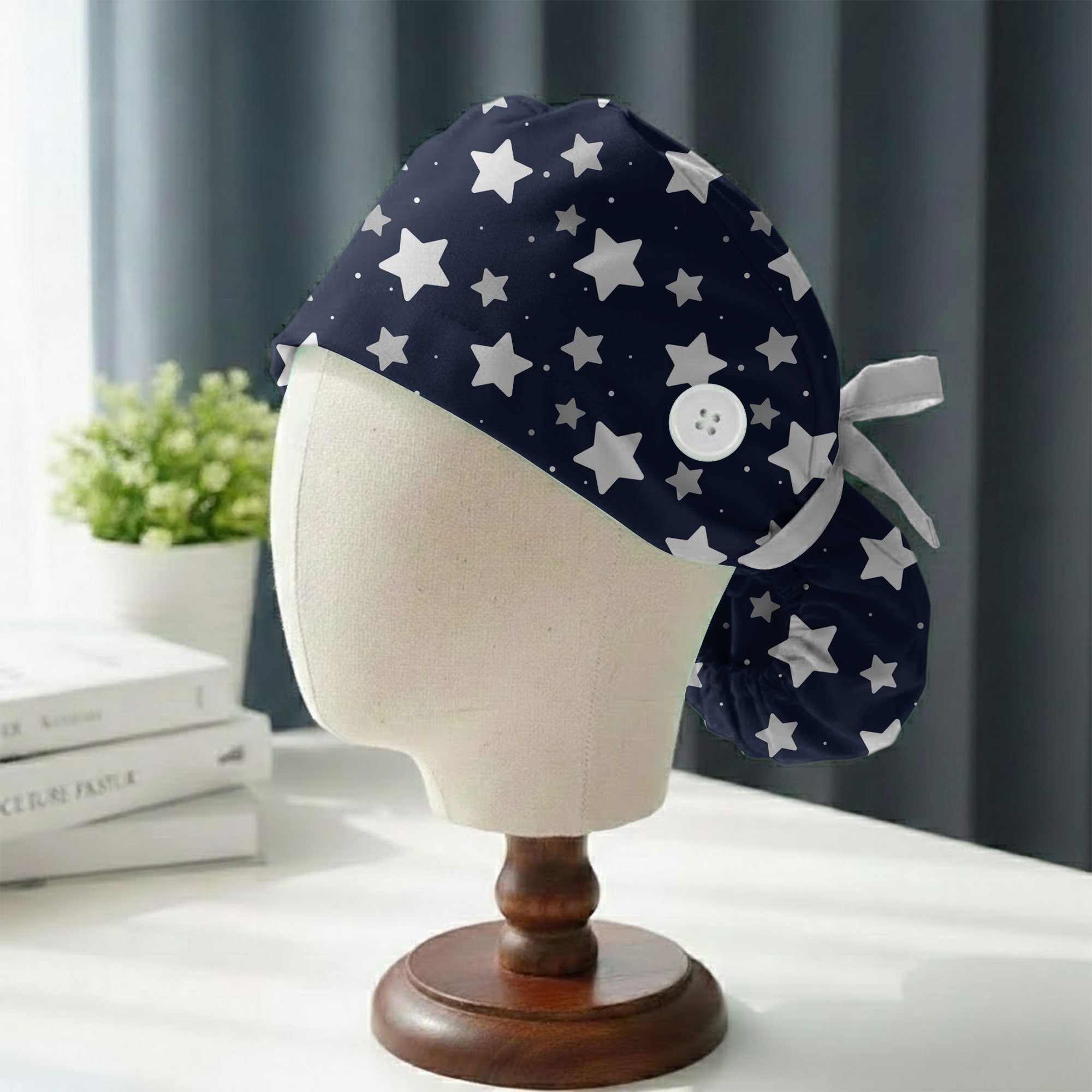 Navy Blue Star Pattern Printed Scrub Cap for Nurses