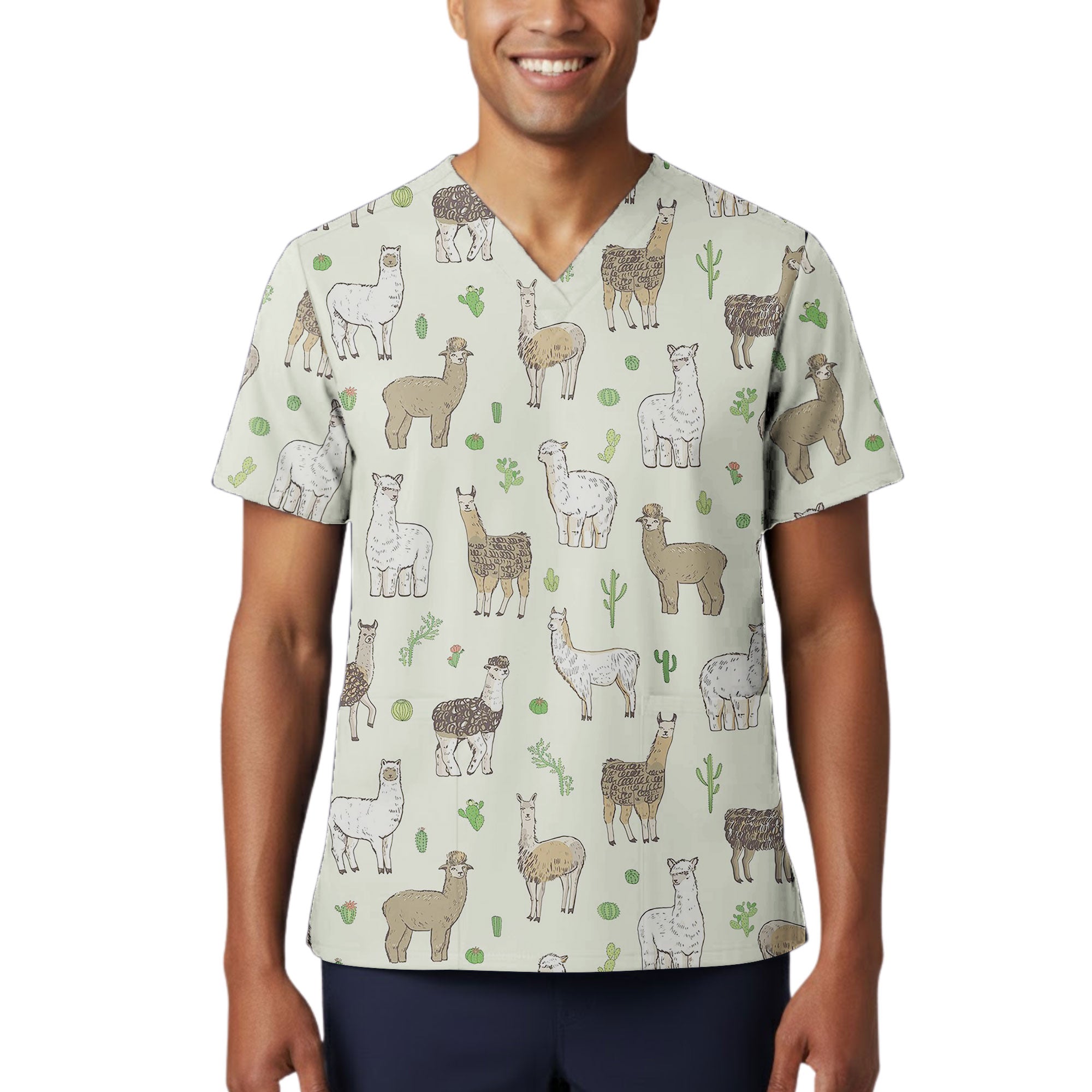Sage Watercolor Llama and Alpaca Printed Scrub Top for Veterinary Nurses
