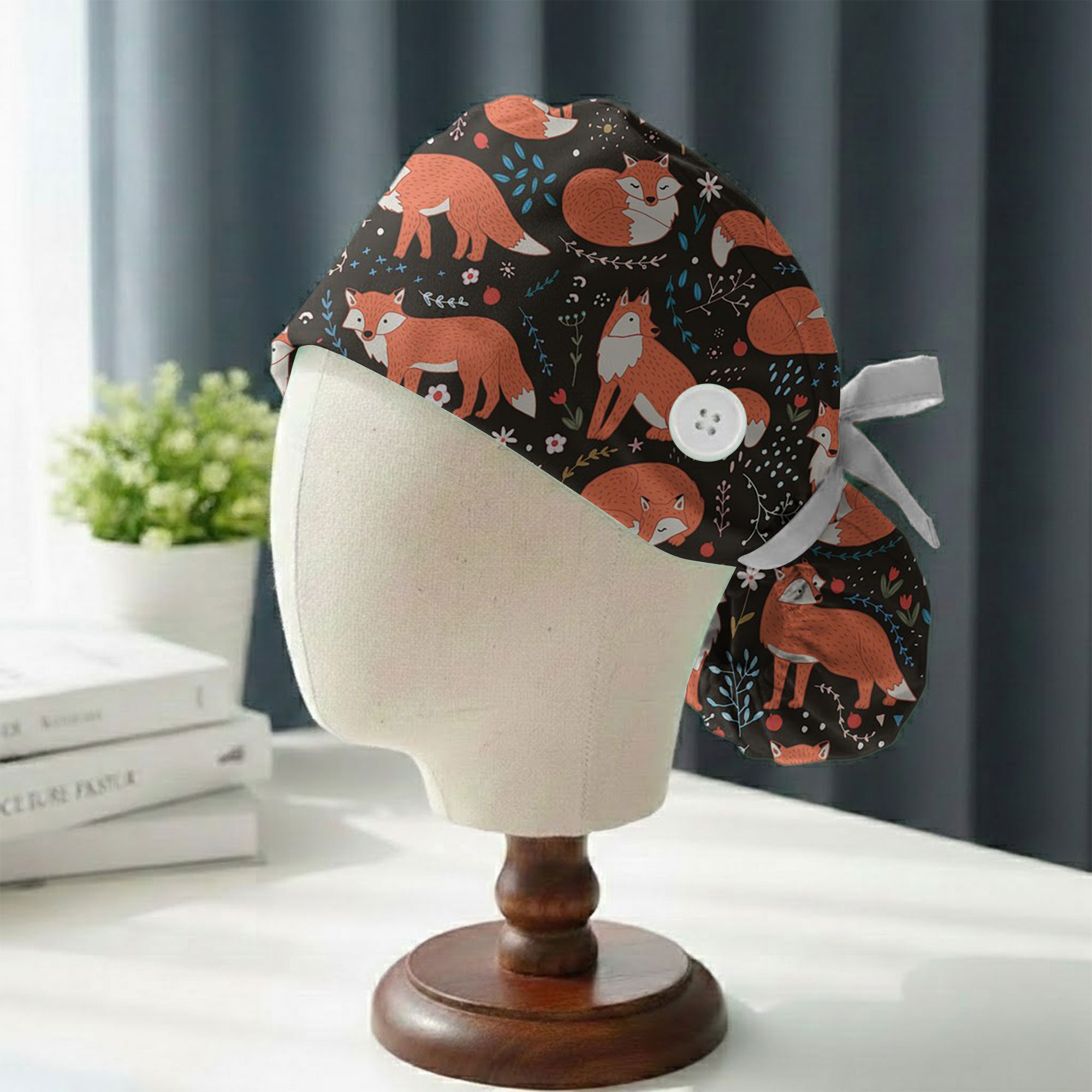 Woodland Fox and Floral Printed Scrub Cap for Vet Staff