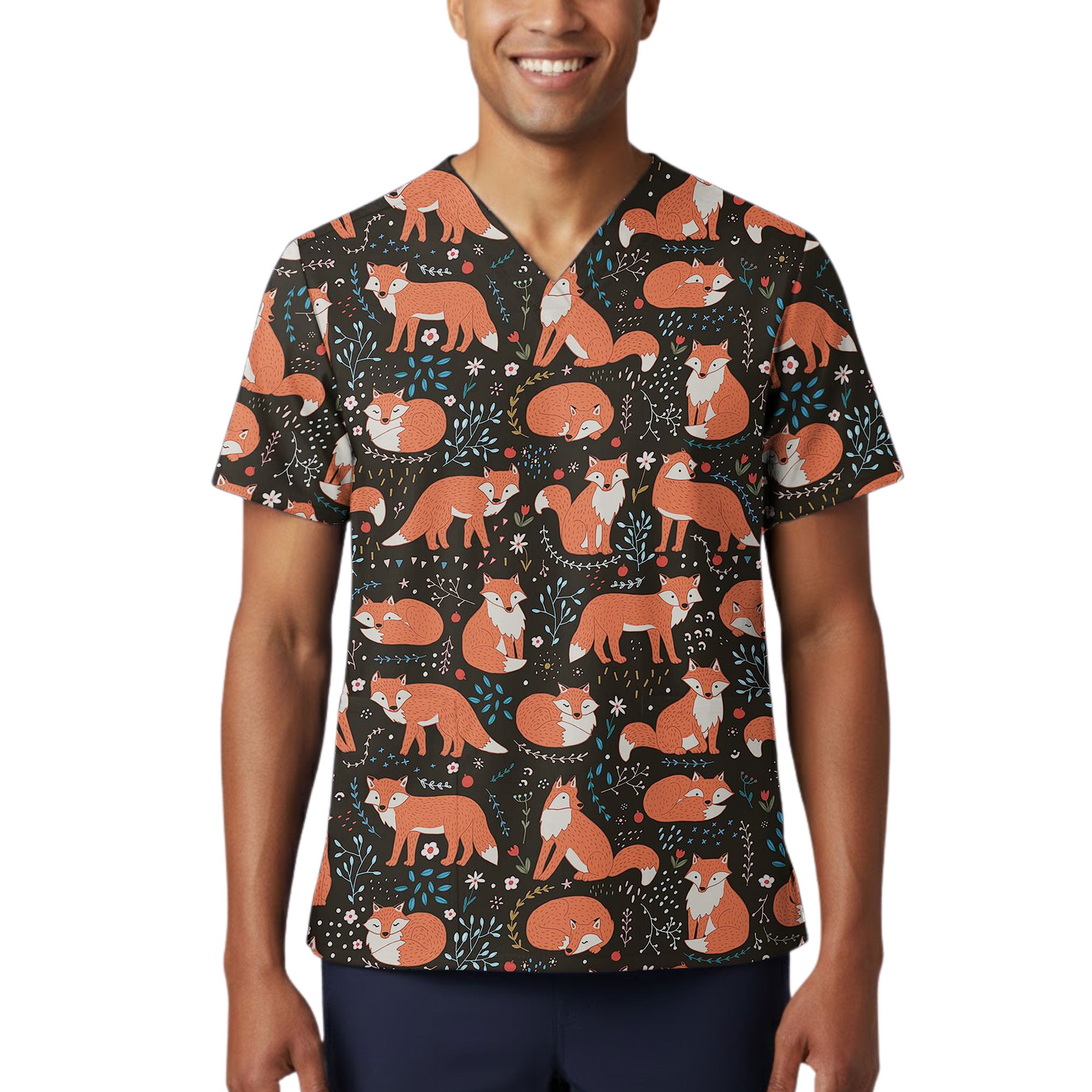 Woodland Fox and Floral Printed Scrub Top for Vet Staff