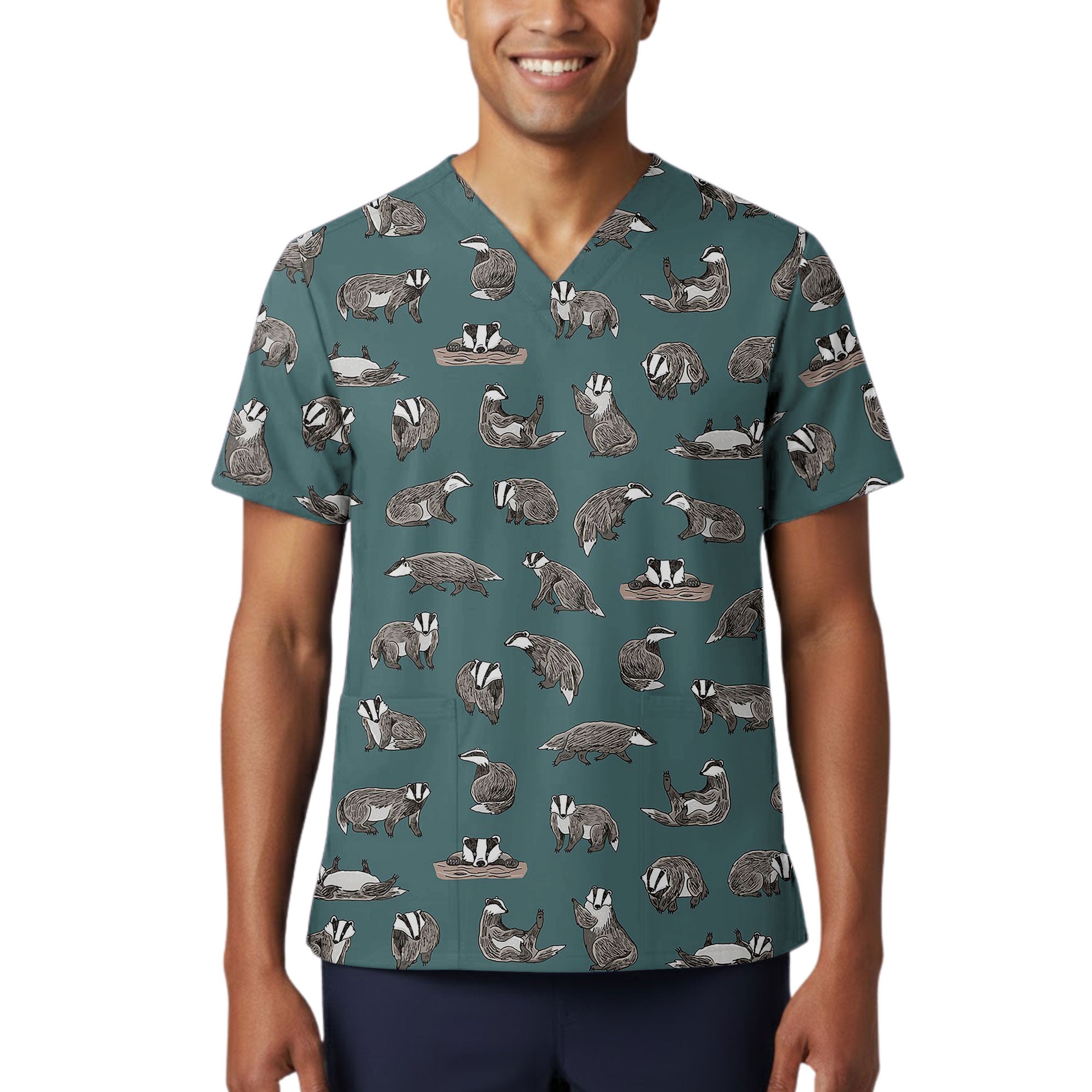 Teal Hand Drawn Badger Printed Scrub Top for Veterinary Nurses