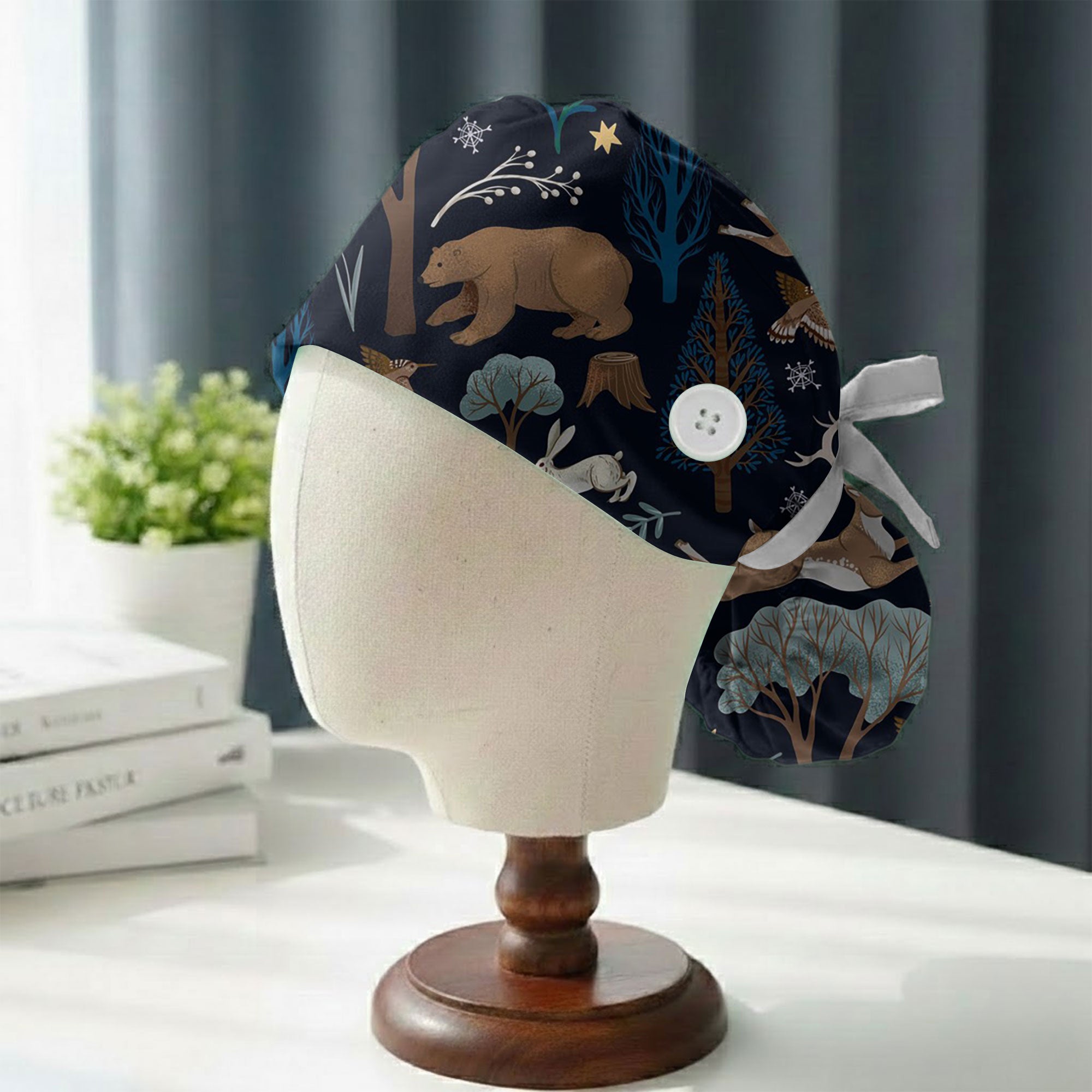 Navy Winter Forest Bear and Owl Printed Scrub Cap