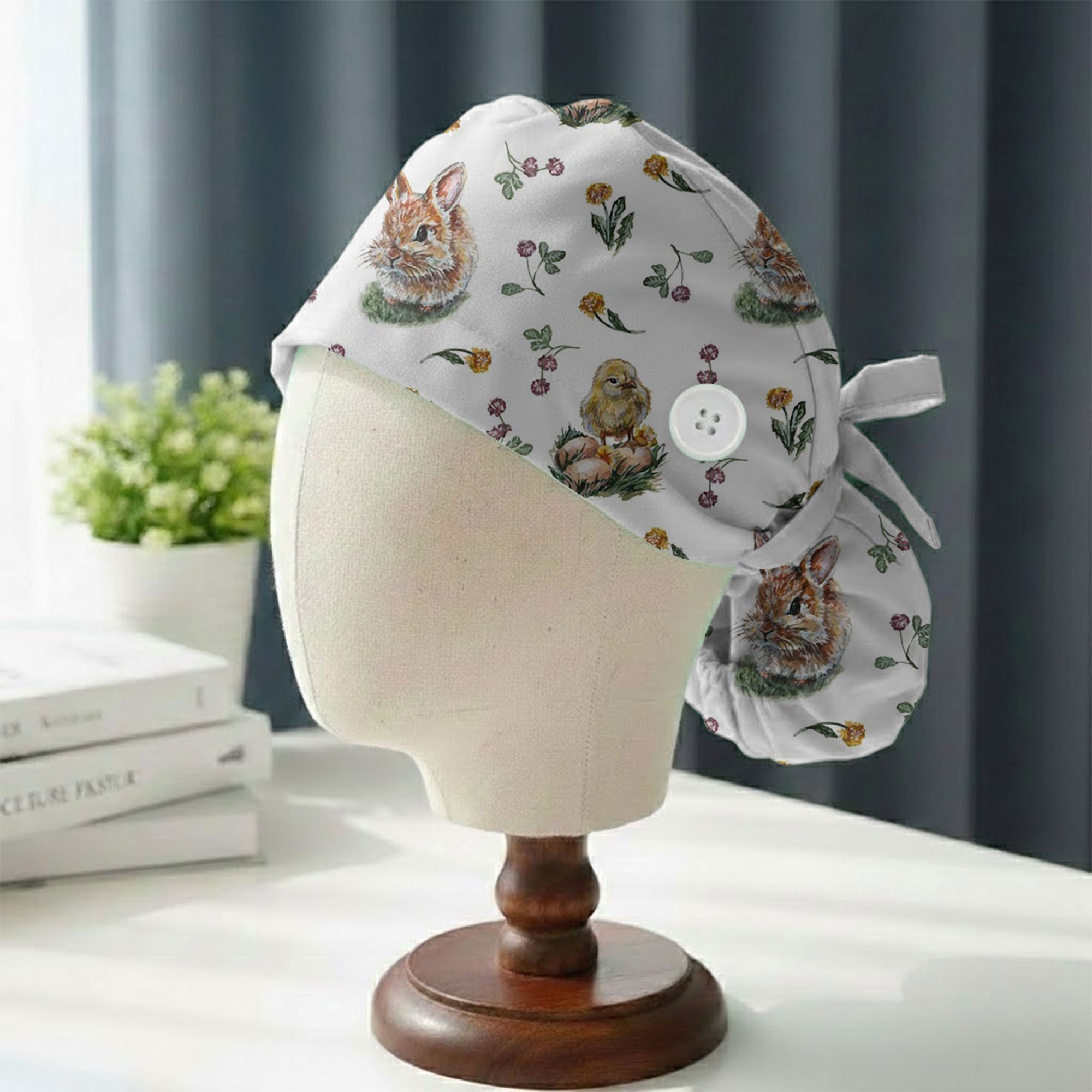 Watercolor Spring Bunny and Chick Printed Scrub Cap