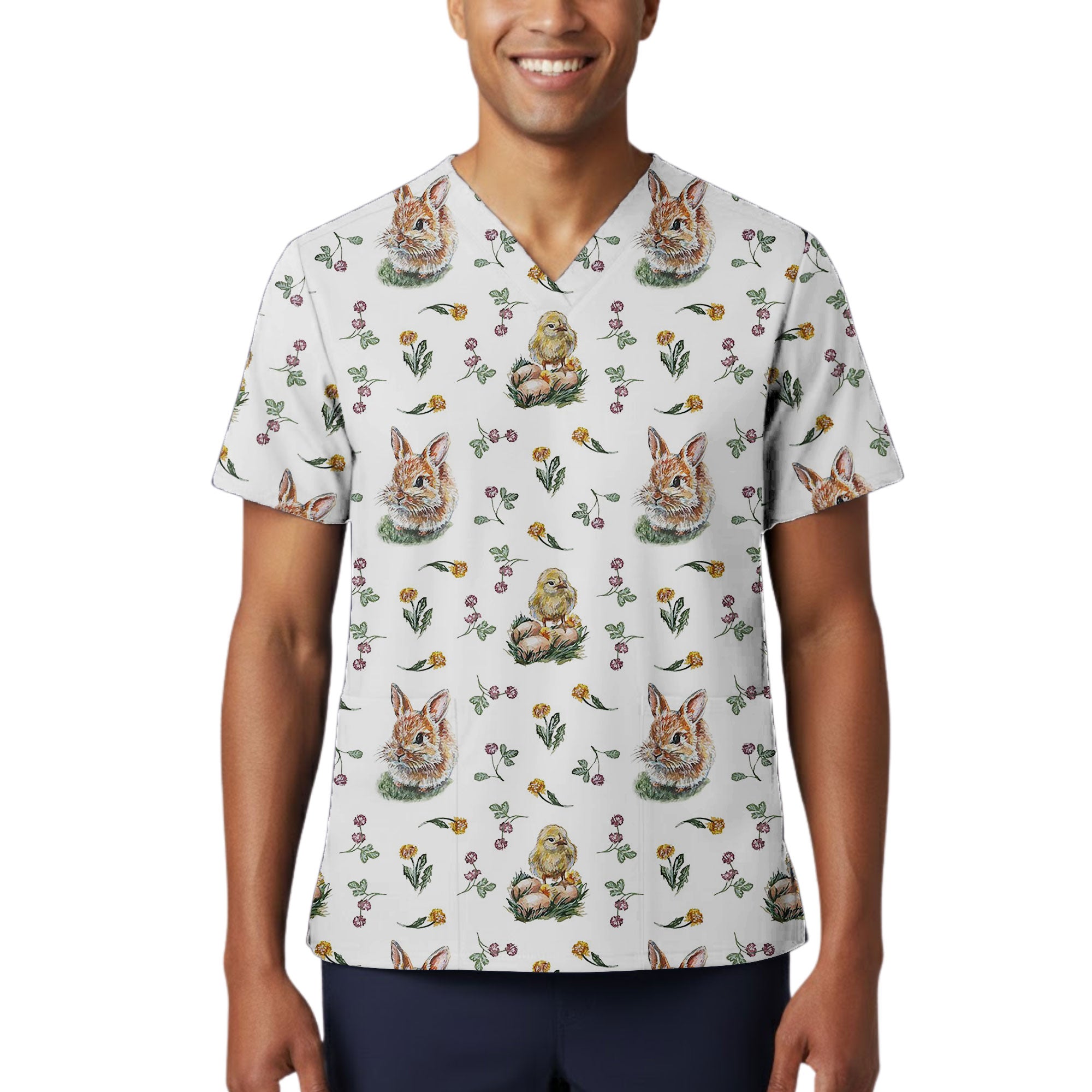 Watercolor Spring Bunny and Chick Printed Scrub Top