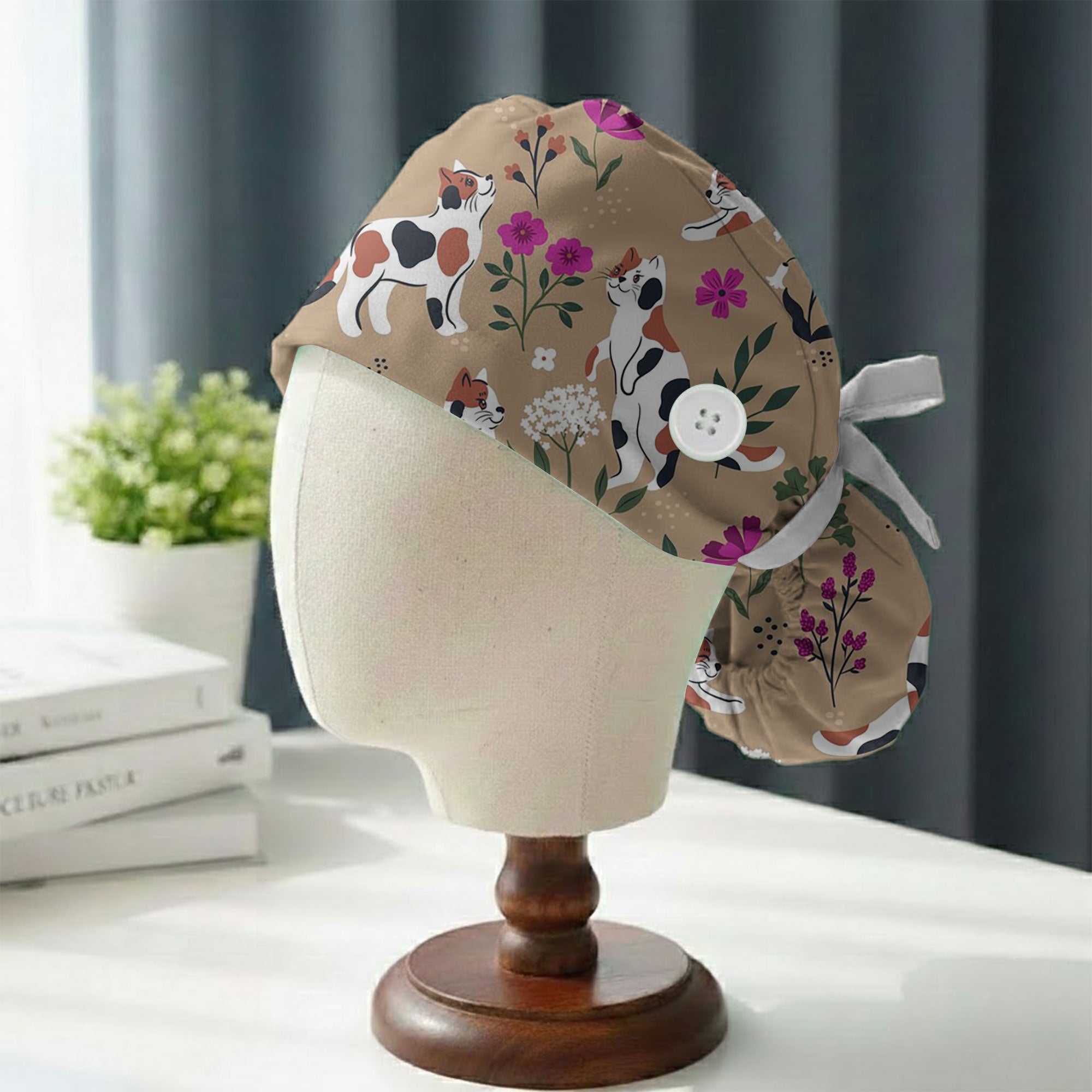Calico Cat and Pink Bloom Garden Printed Scrub Cap