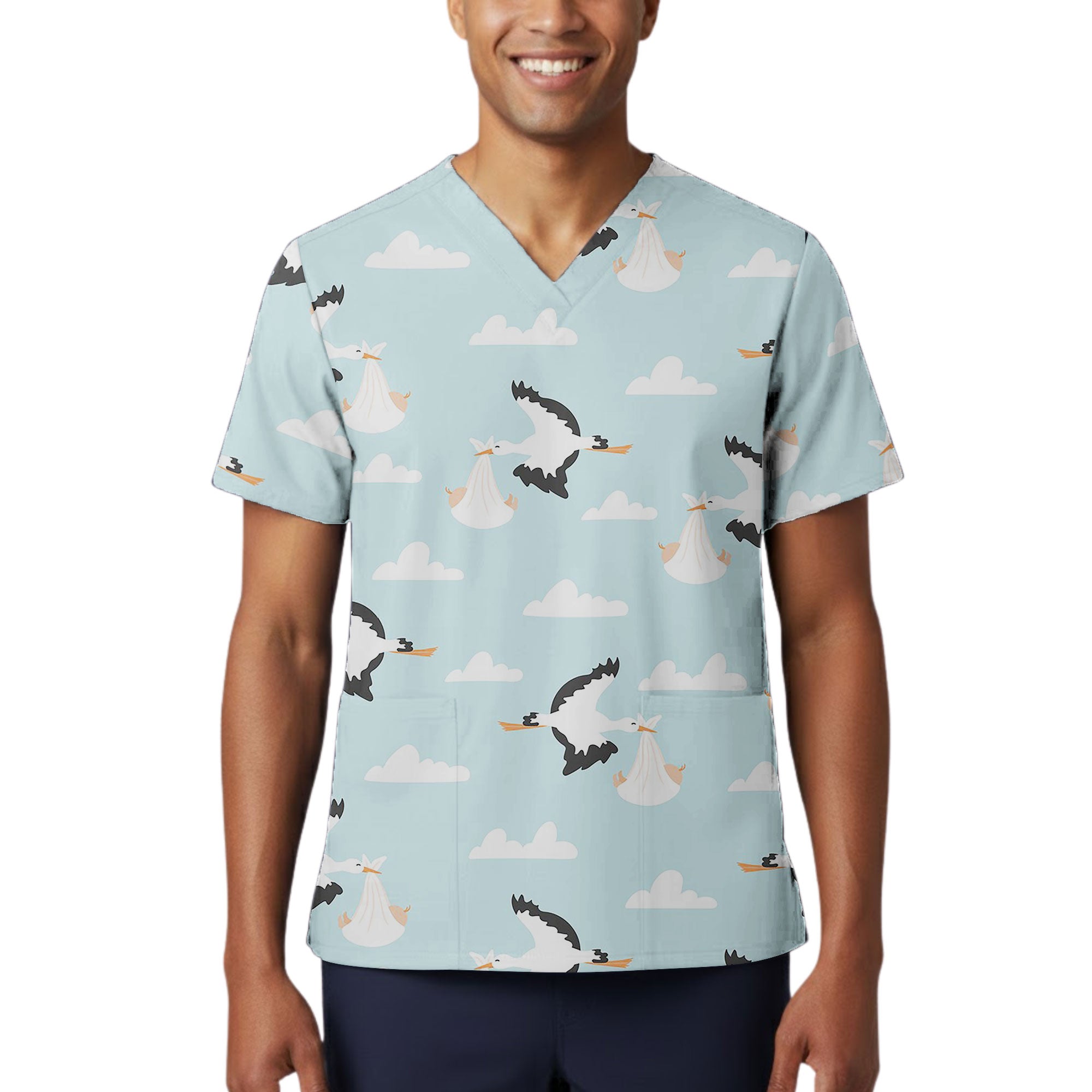 Stork Delivery Cloud Printed Scrub Top for Maternity Nurses