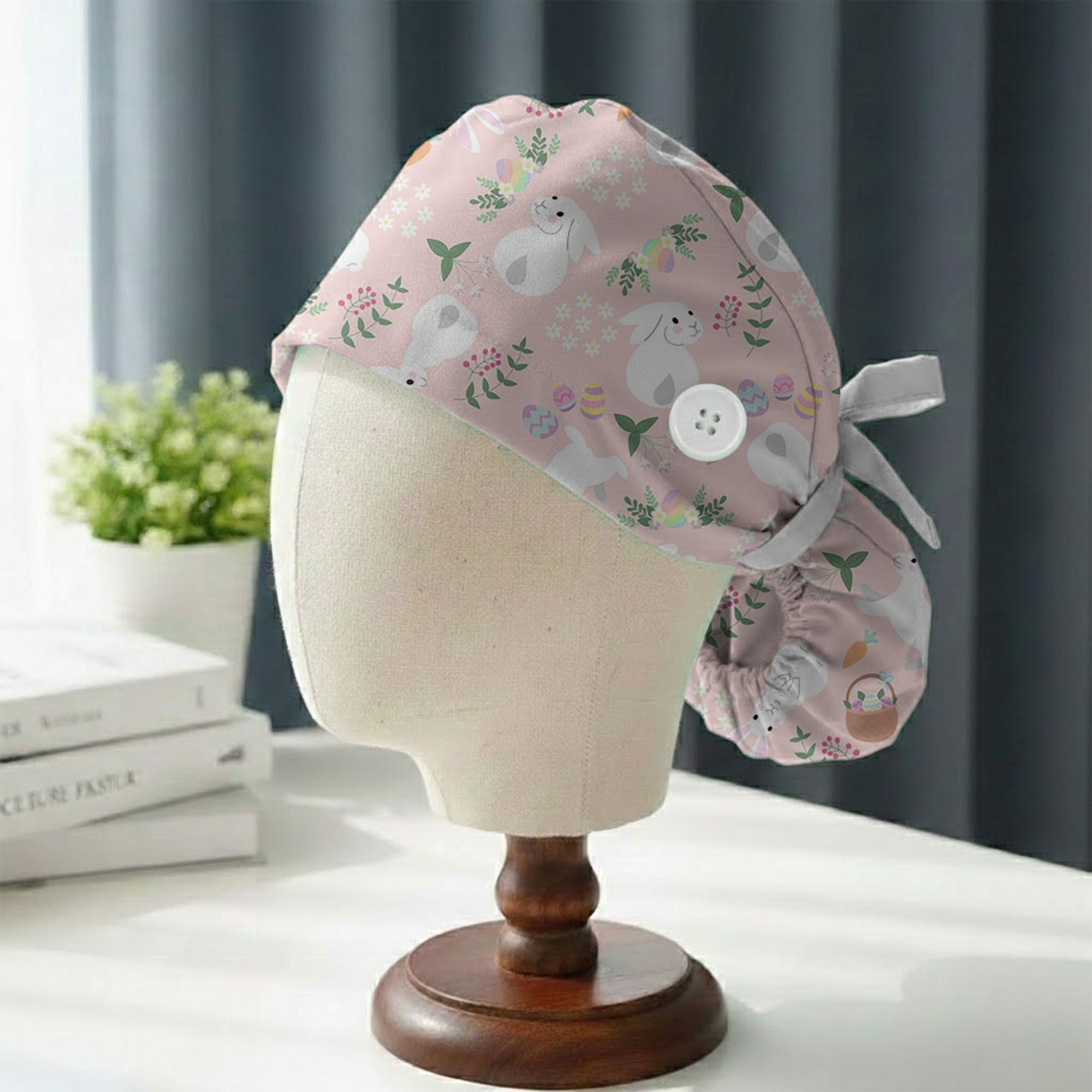 Pink Pastel Easter Bunny and Egg Printed Scrub Cap