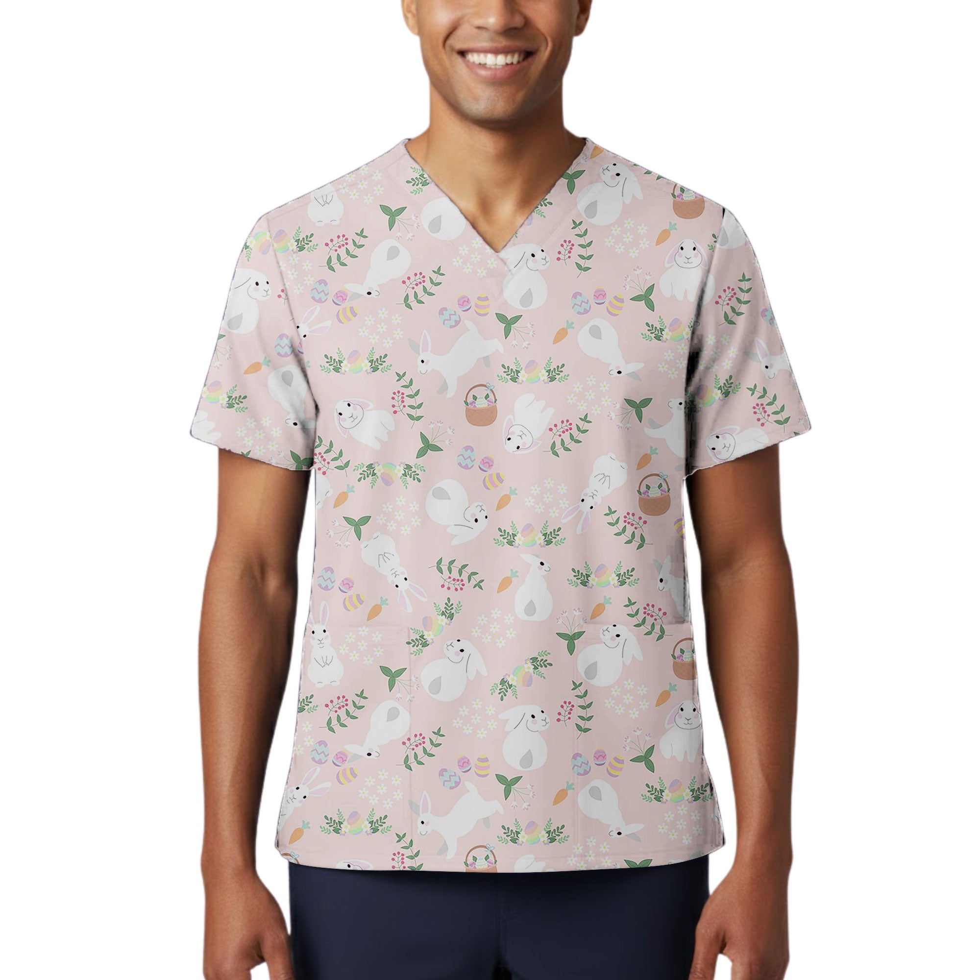 Pink Pastel Easter Bunny and Egg Printed Scrub Top for Nurses