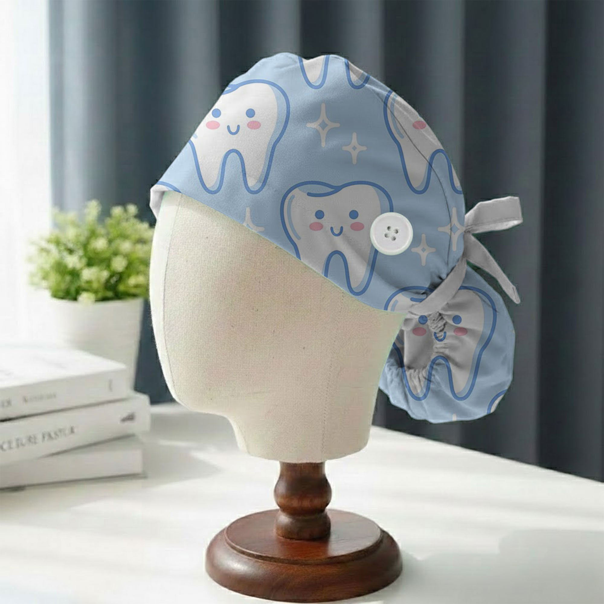 Light Blue Smiling Tooth Printed Scrub Cap for Dentists