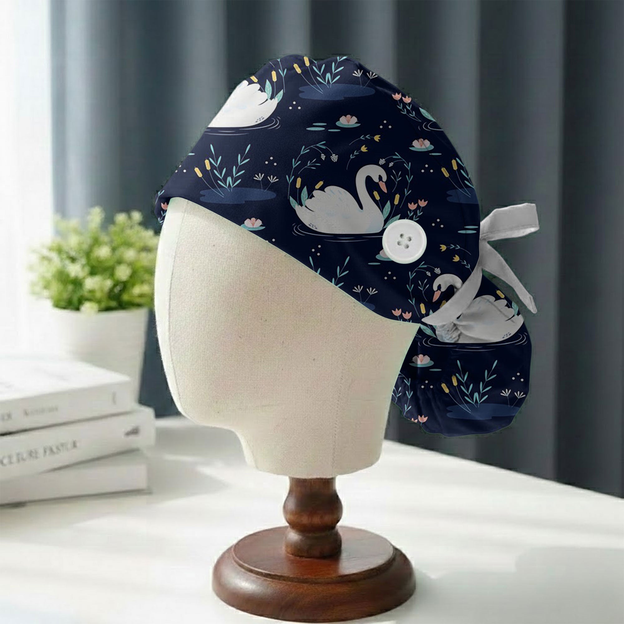 Navy Swan Lake Botanical Printed Scrub Cap for Nurses