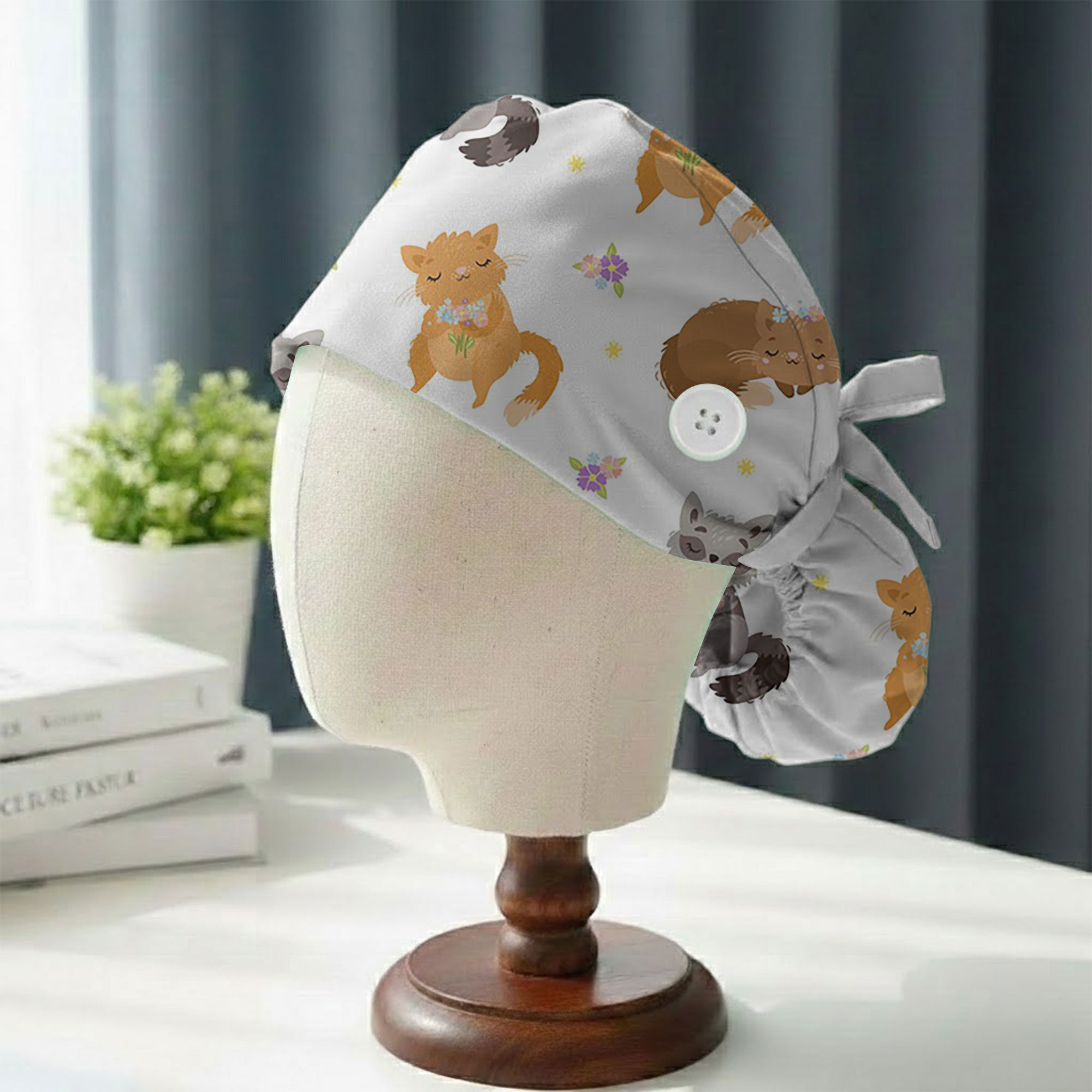 Sleepy Cat and Forest Friends Printed Scrub Cap