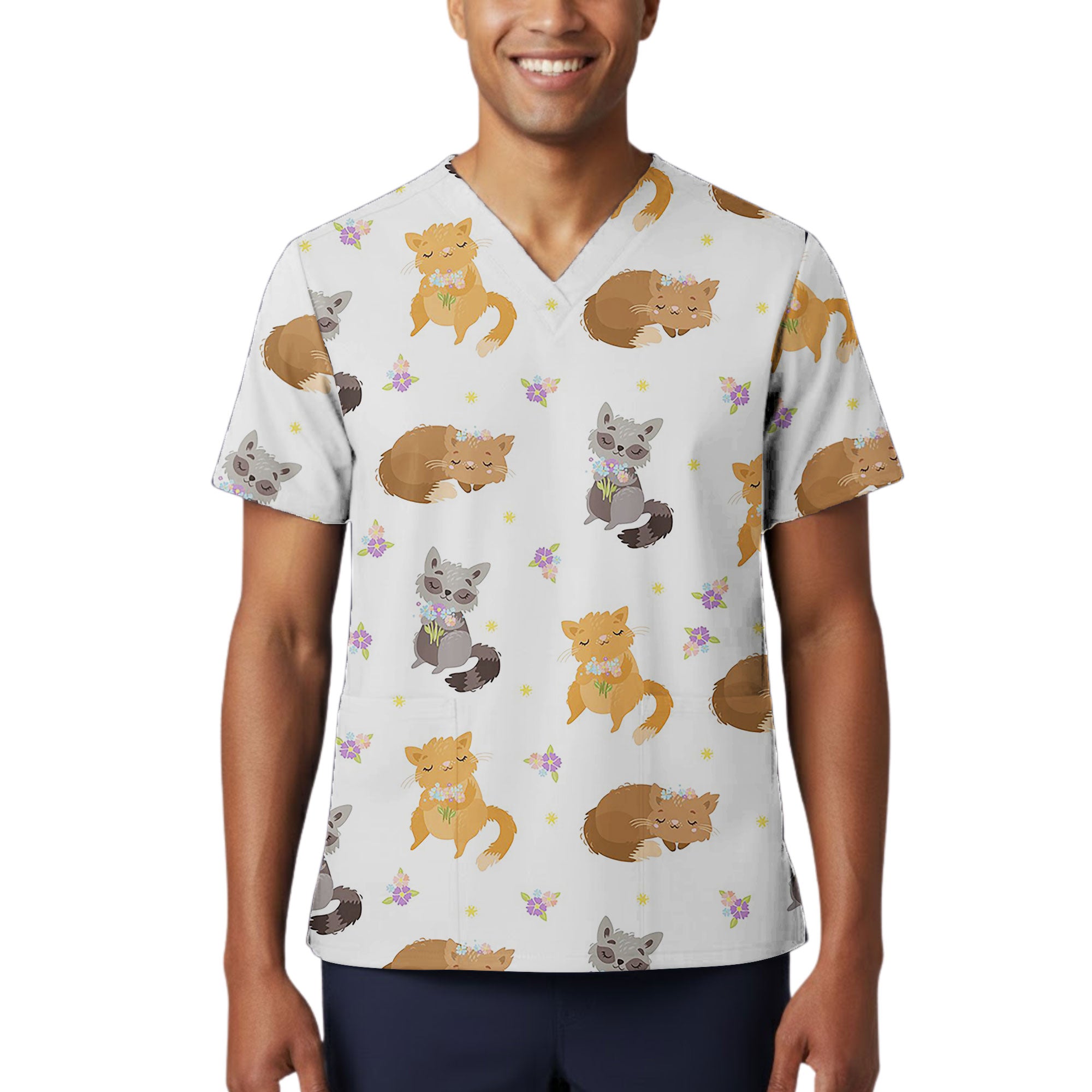 Sleepy Cat and Forest Friends Printed Scrub Top for Veterinary Nurses