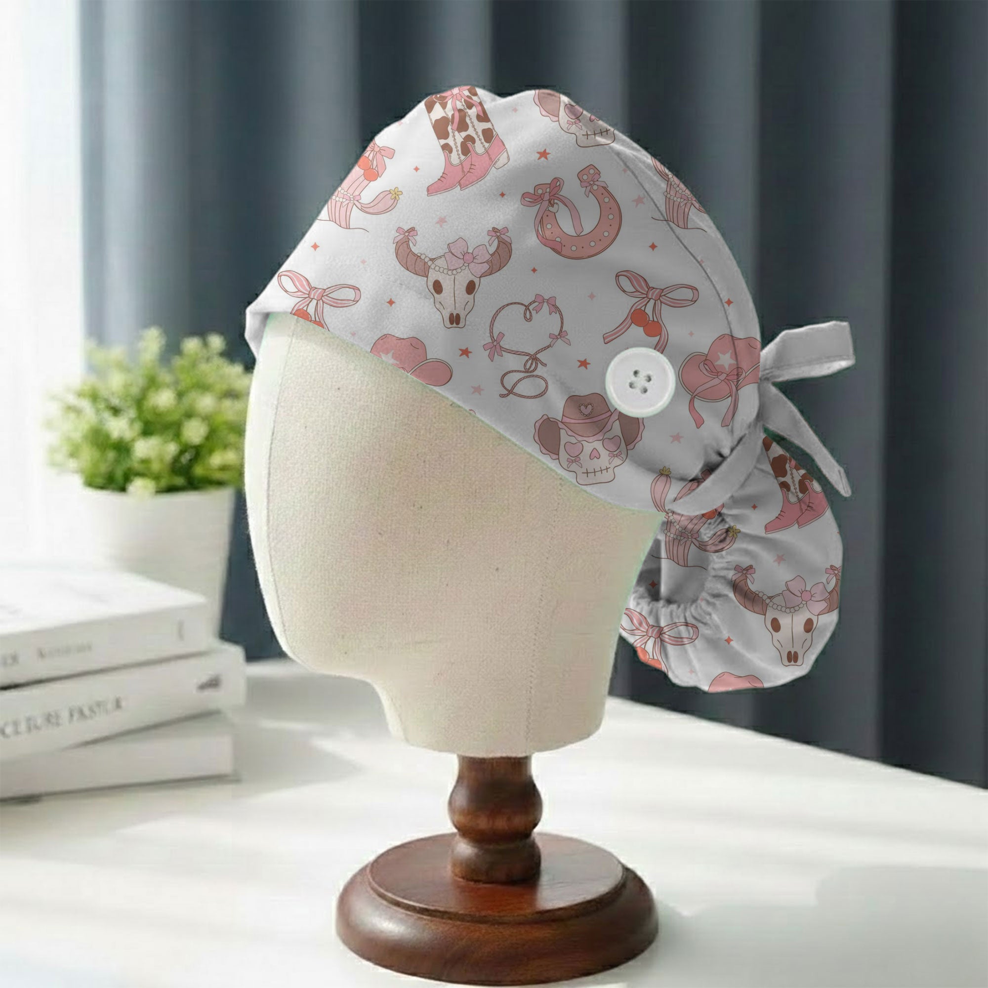 Pink Western Skull and Boot Printed Scrub Cap