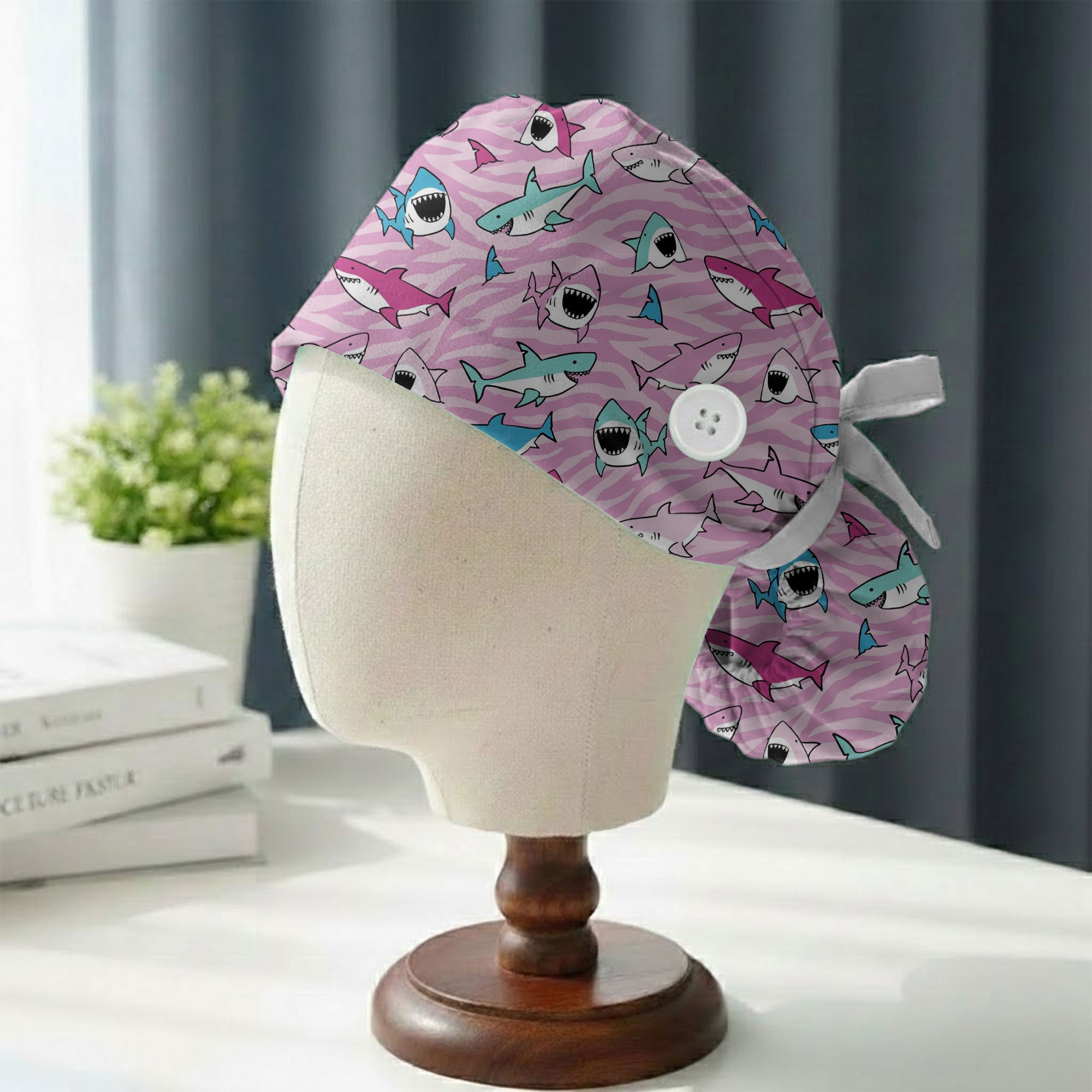 Pink Zebra Cartoon Shark Printed Scrub Cap