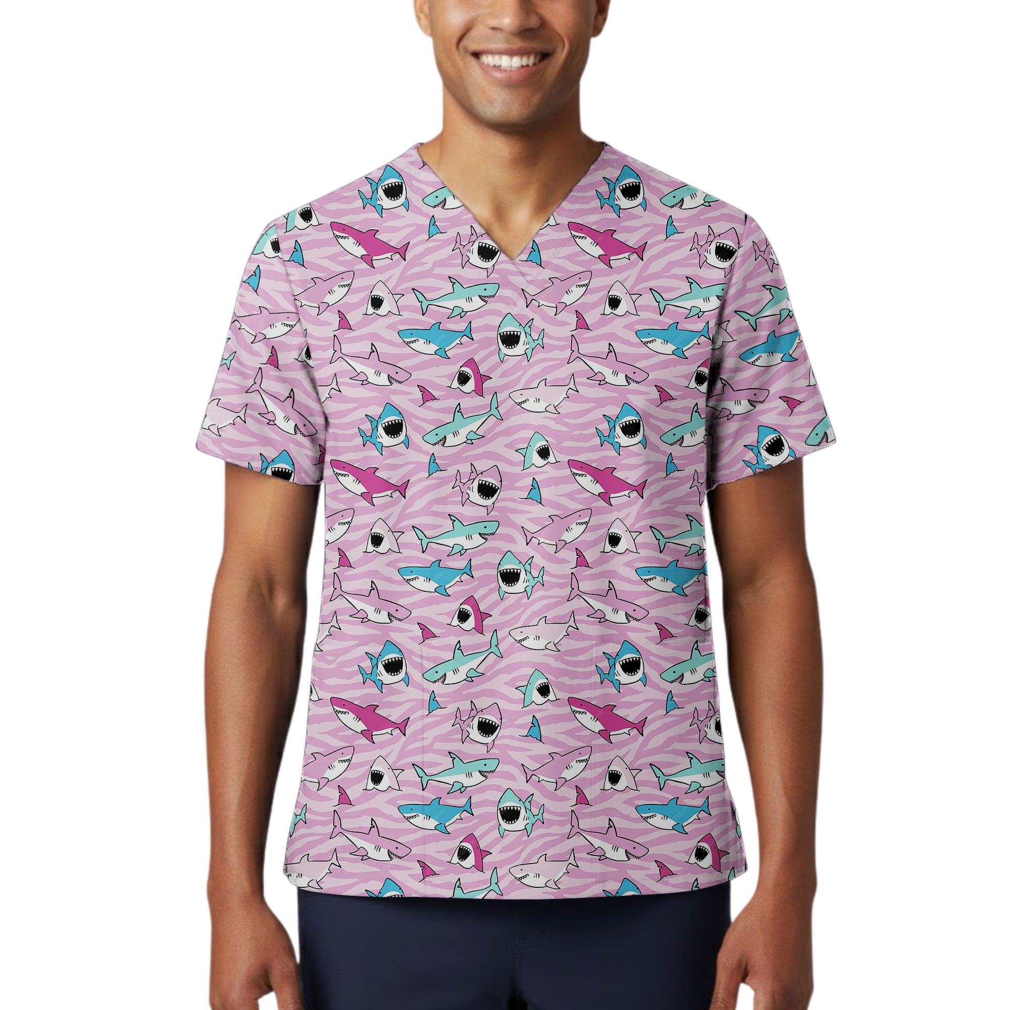 Pink Zebra Cartoon Shark Printed Scrub Top for Pediatric Nurses