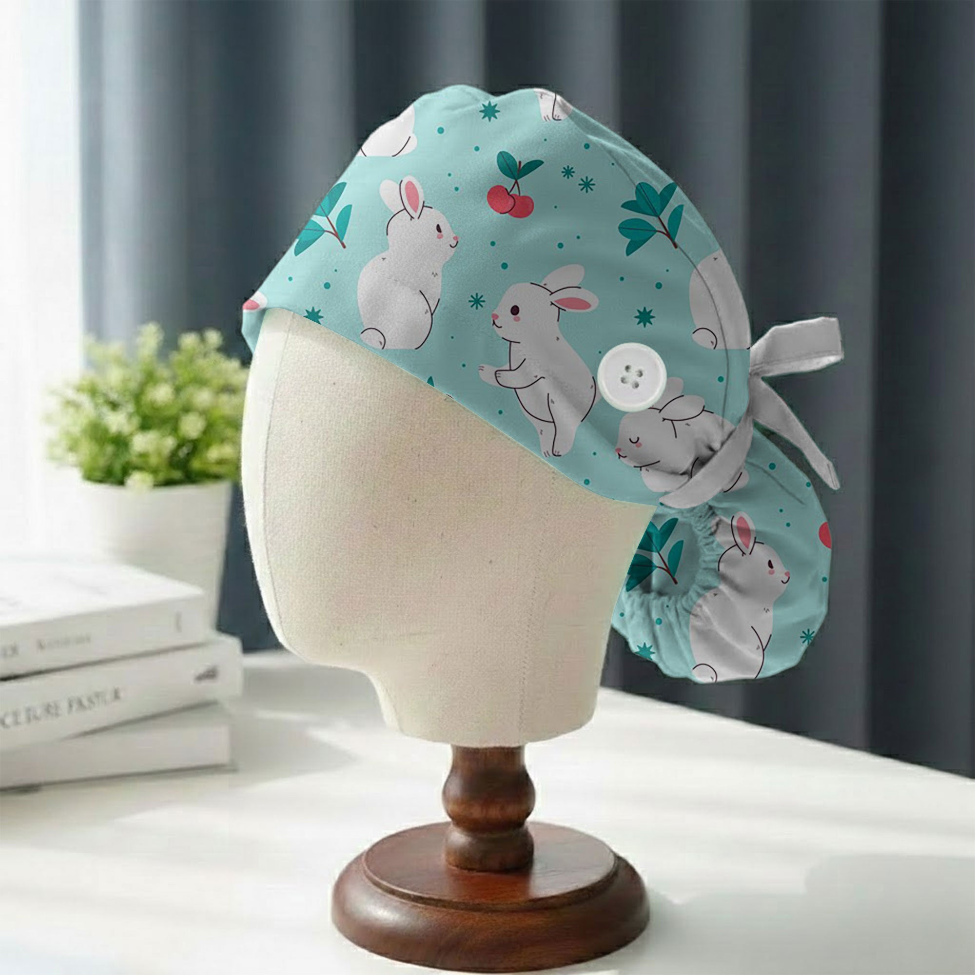 Teal Bunny and Cherry Printed Scrub Cap for Nurses