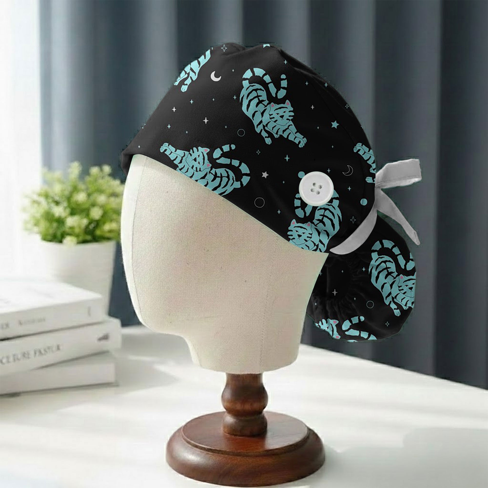 Mystical Teal Tiger Night Sky Printed Scrub Cap