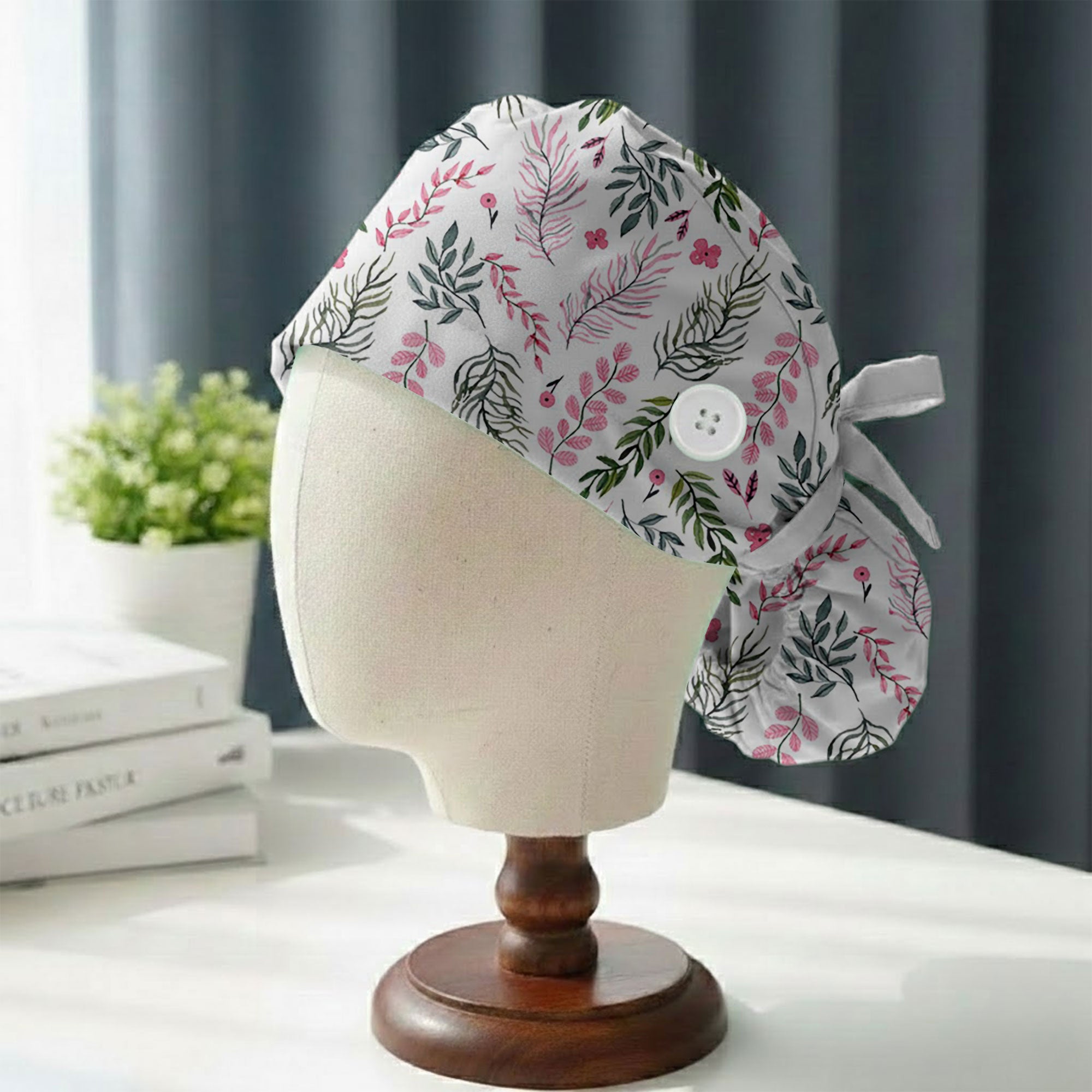 Pink and Green Botanical Leaf Printed Scrub Cap