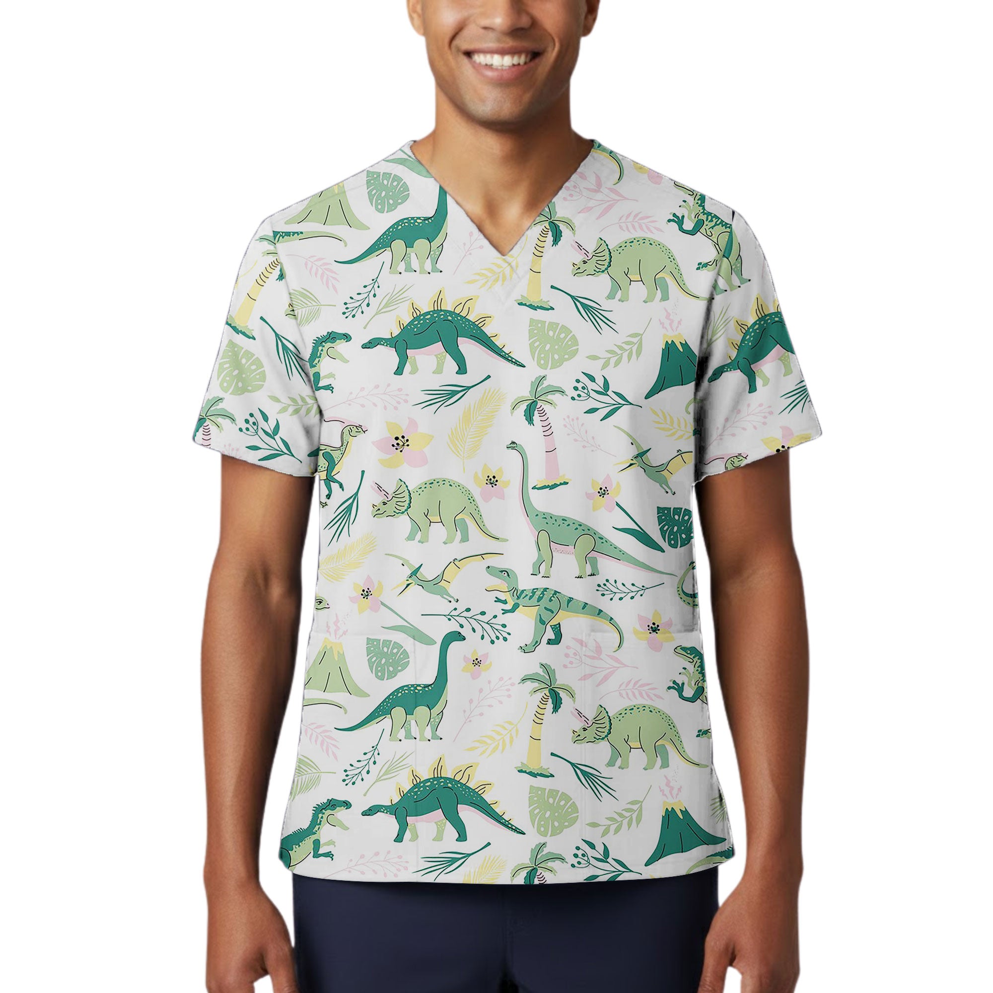 Tropical Jungle Dinosaur Printed Scrub Top for Pediatric Nurses