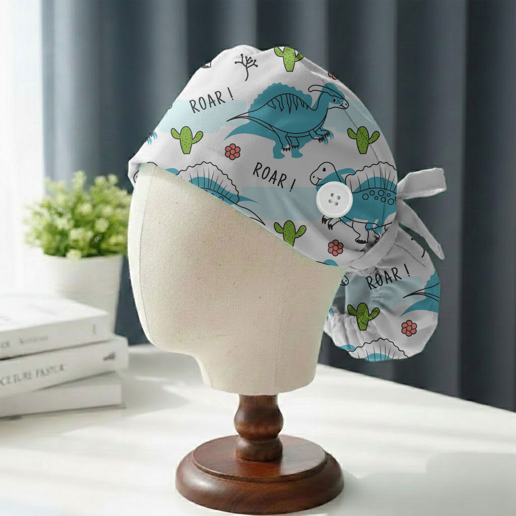 Blue Roar Dinosaur and Cactus Printed Scrub Cap