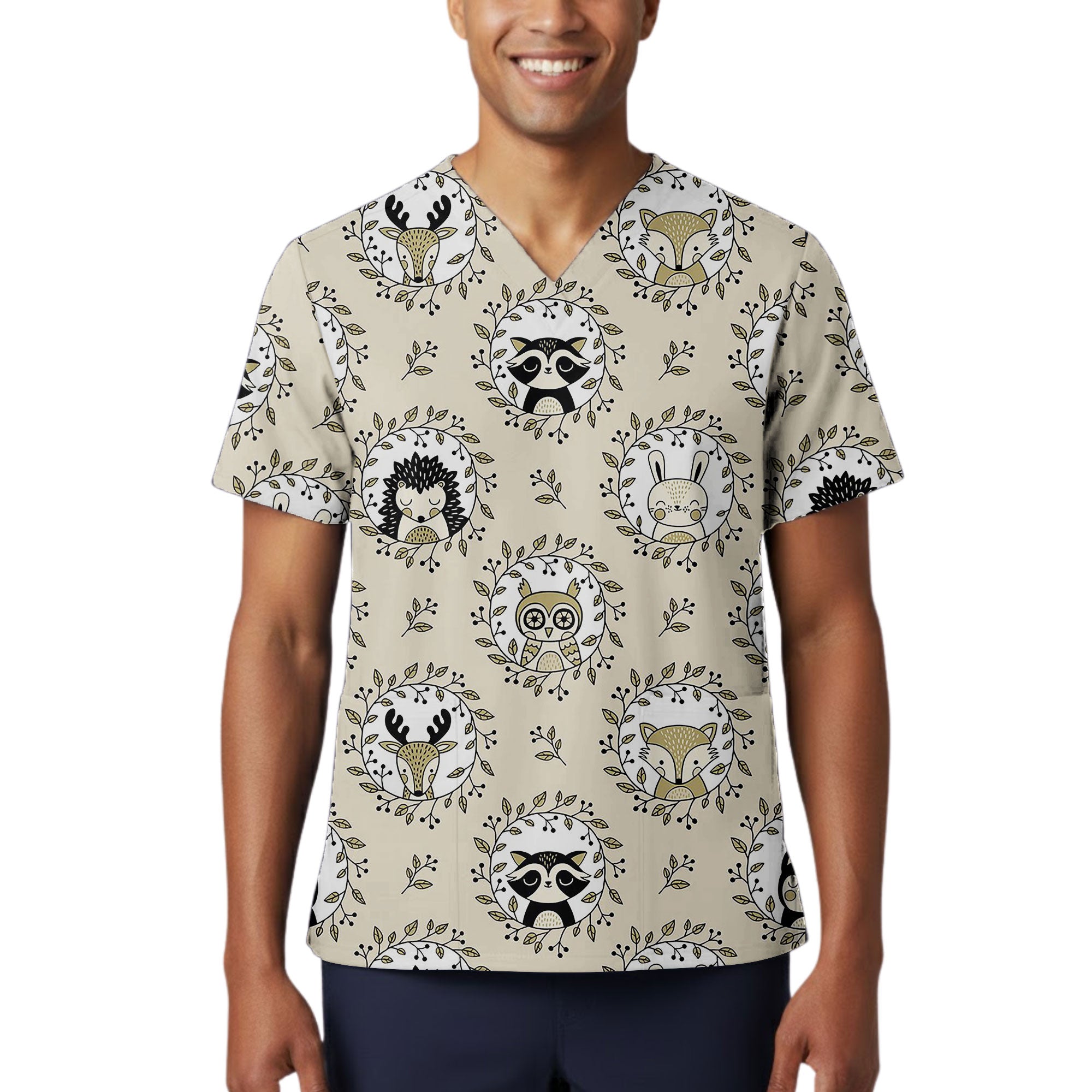Woodland Forest Animal Wreath Printed Scrub Top for Veterinary Nurses