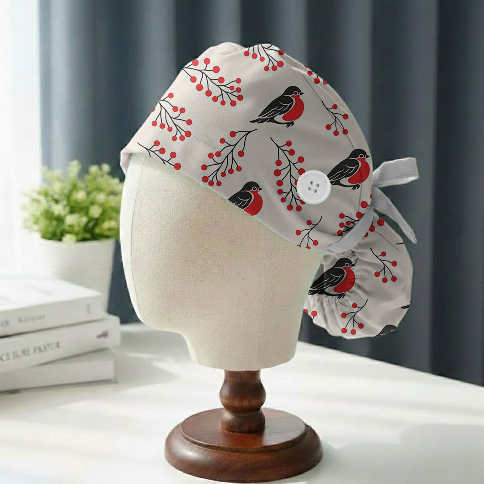 Bullfinch Bird and Winter Berry Printed Scrub Cap