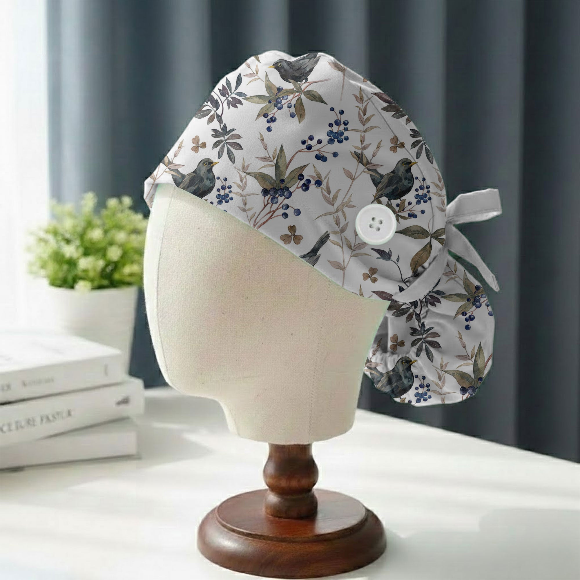 Black Bird and Blueberry Botanical Printed Scrub Cap
