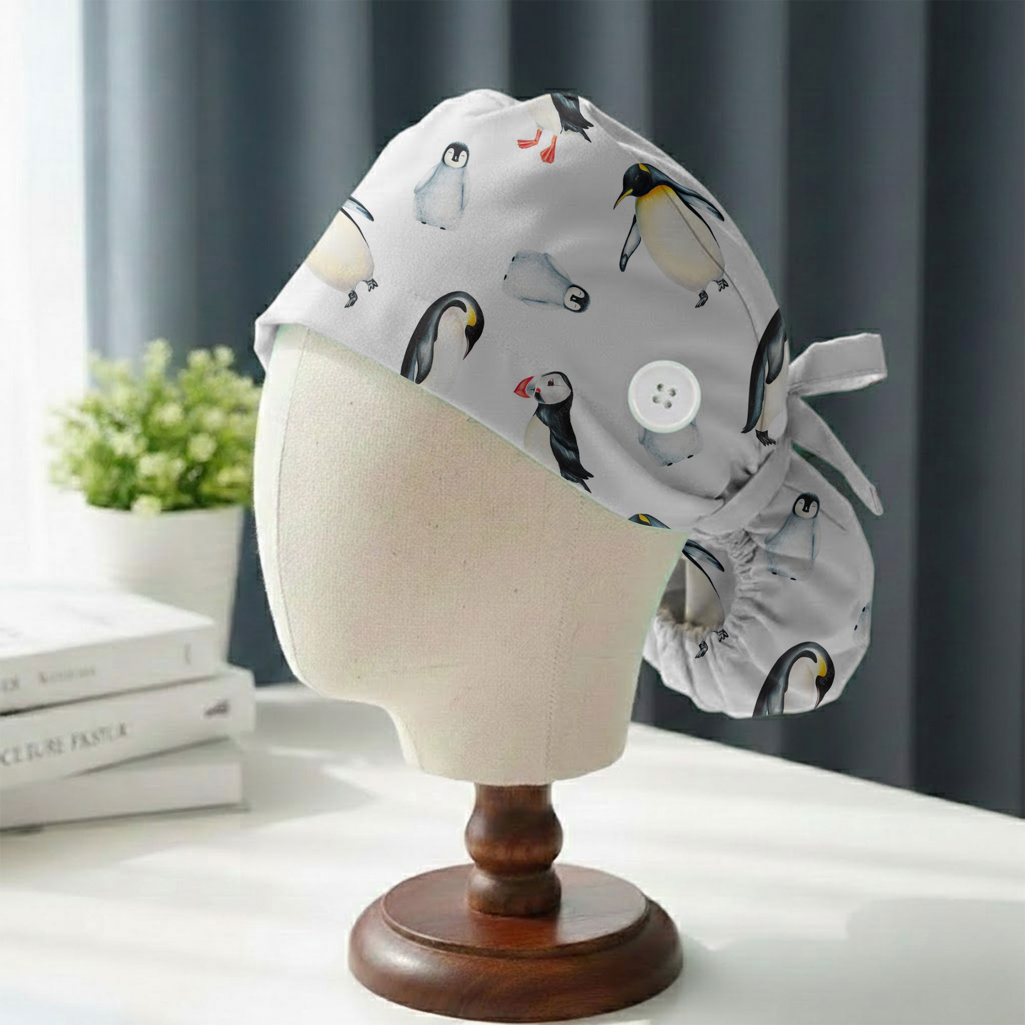 Watercolor Penguin and Puffin Printed Scrub Cap