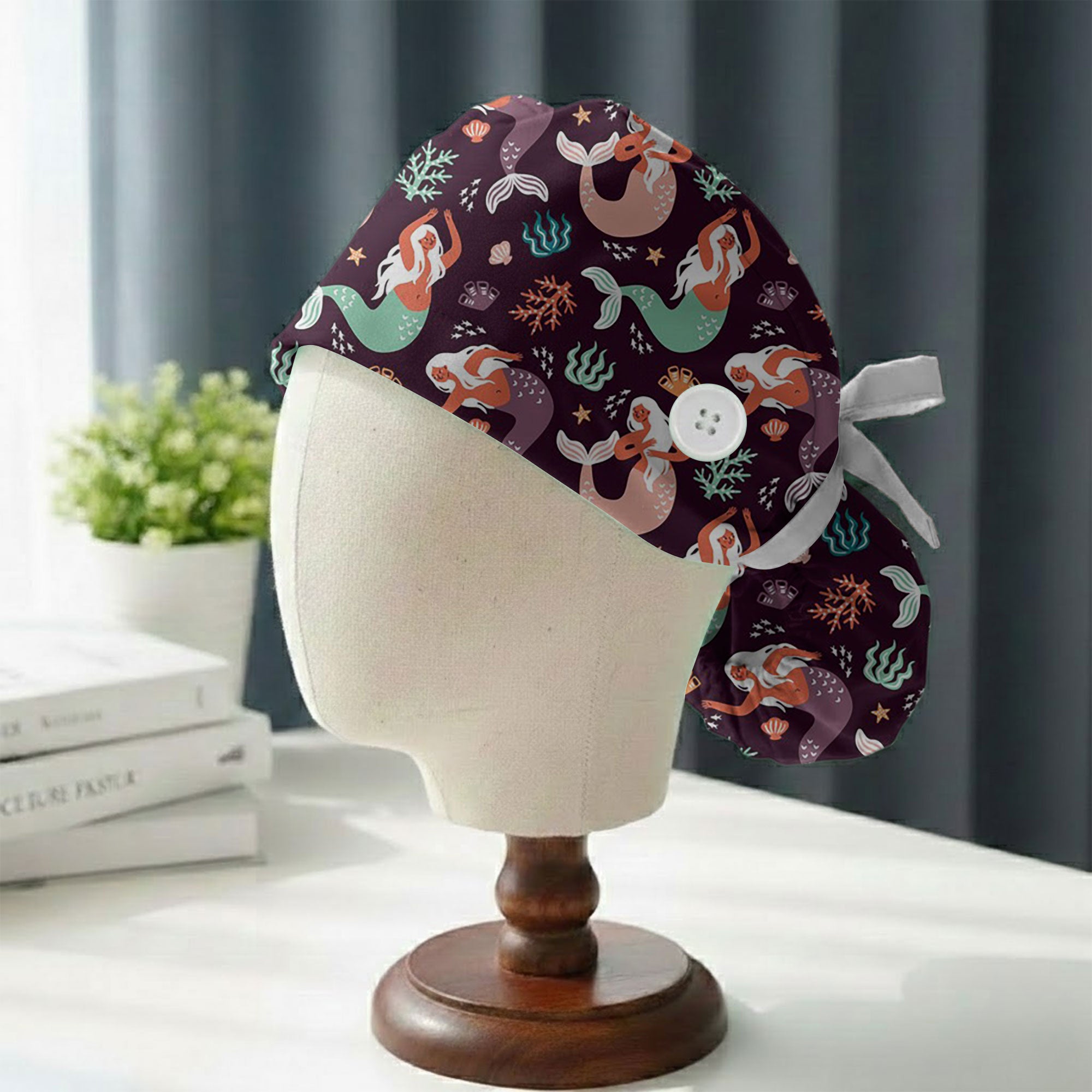 Mermaid and Coral Reef Printed Scrub Cap for Nurses