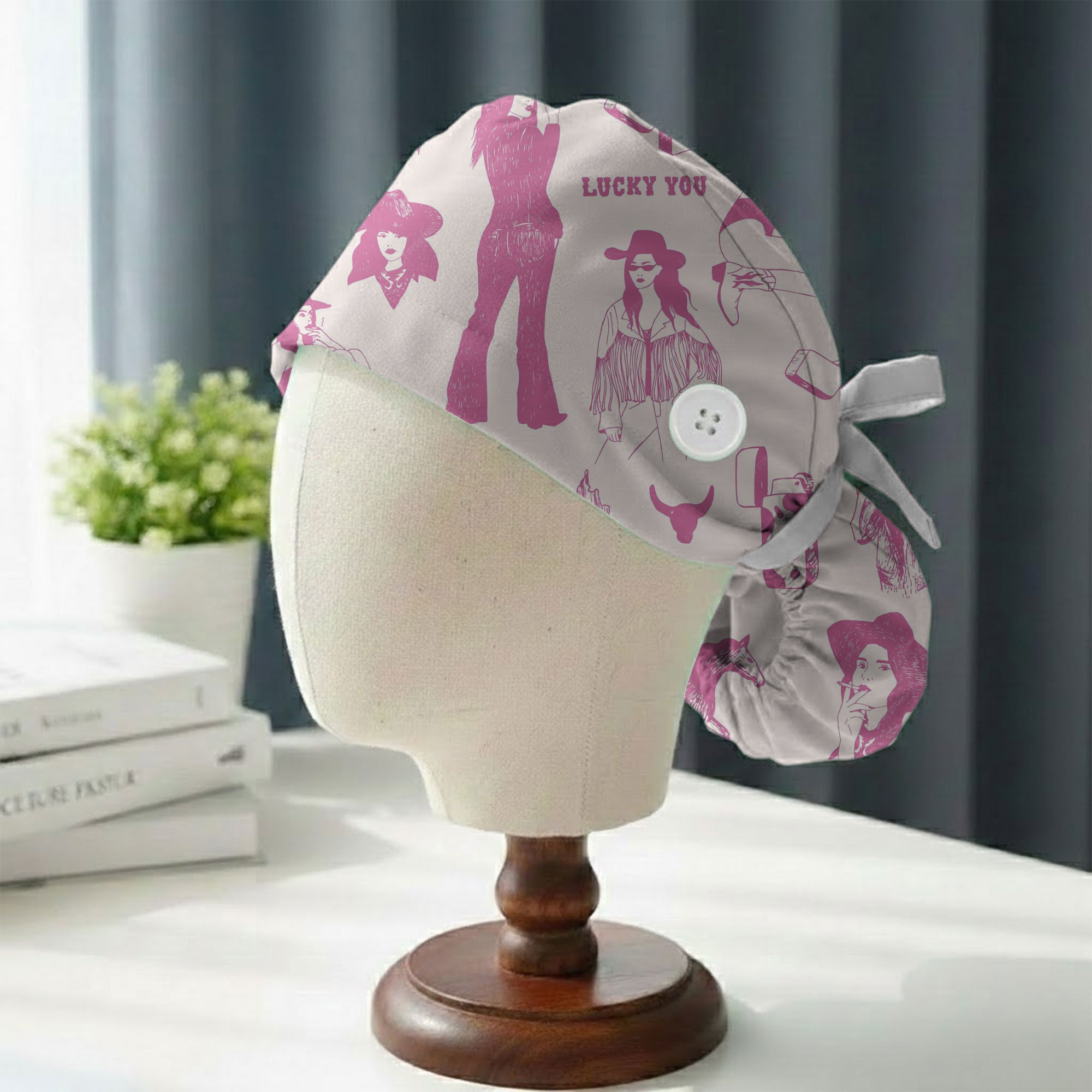 Lucky You Pink Cowgirl Silhouette Printed Scrub Cap