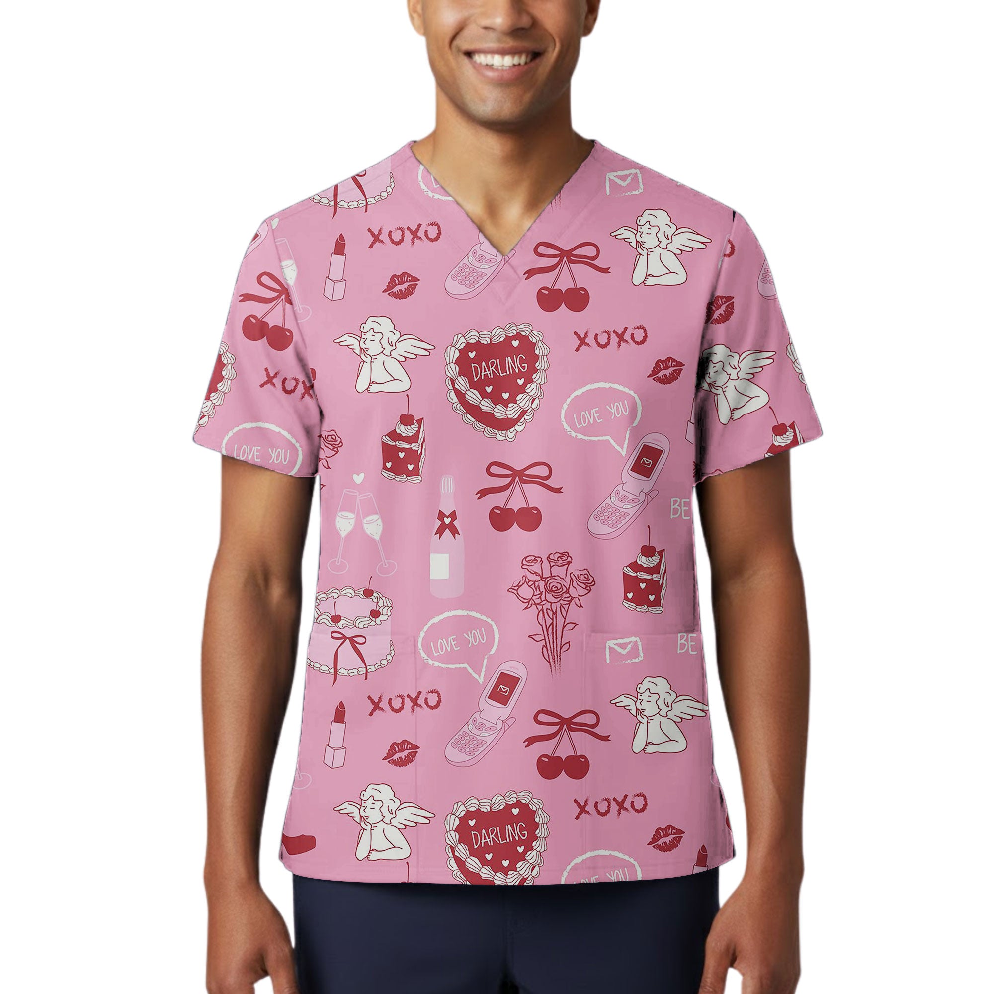 Pink Y2K XOXO Love Letter Printed Scrub Top