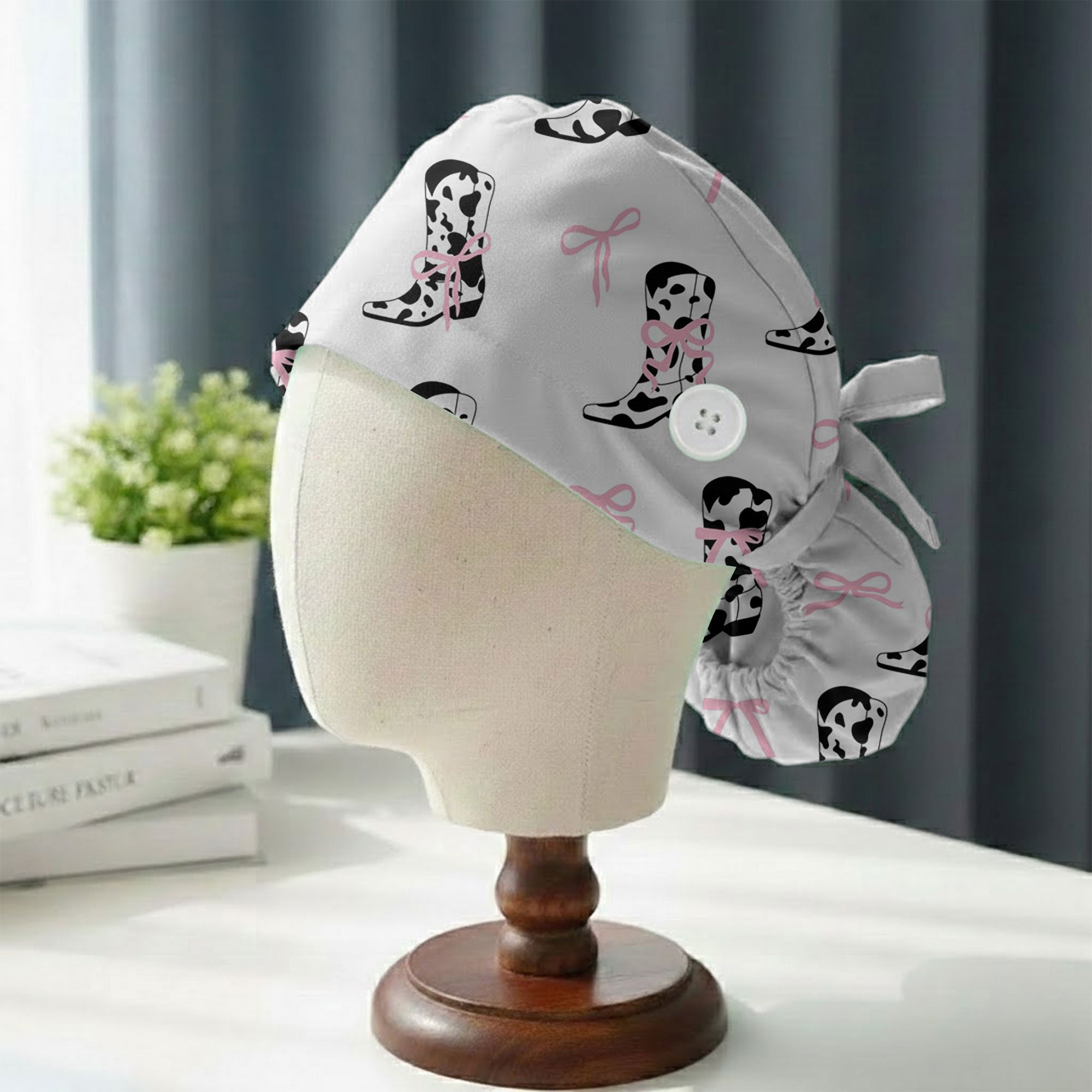 Cow Print Cowboy Boot and Pink Bow Printed Scrub Cap