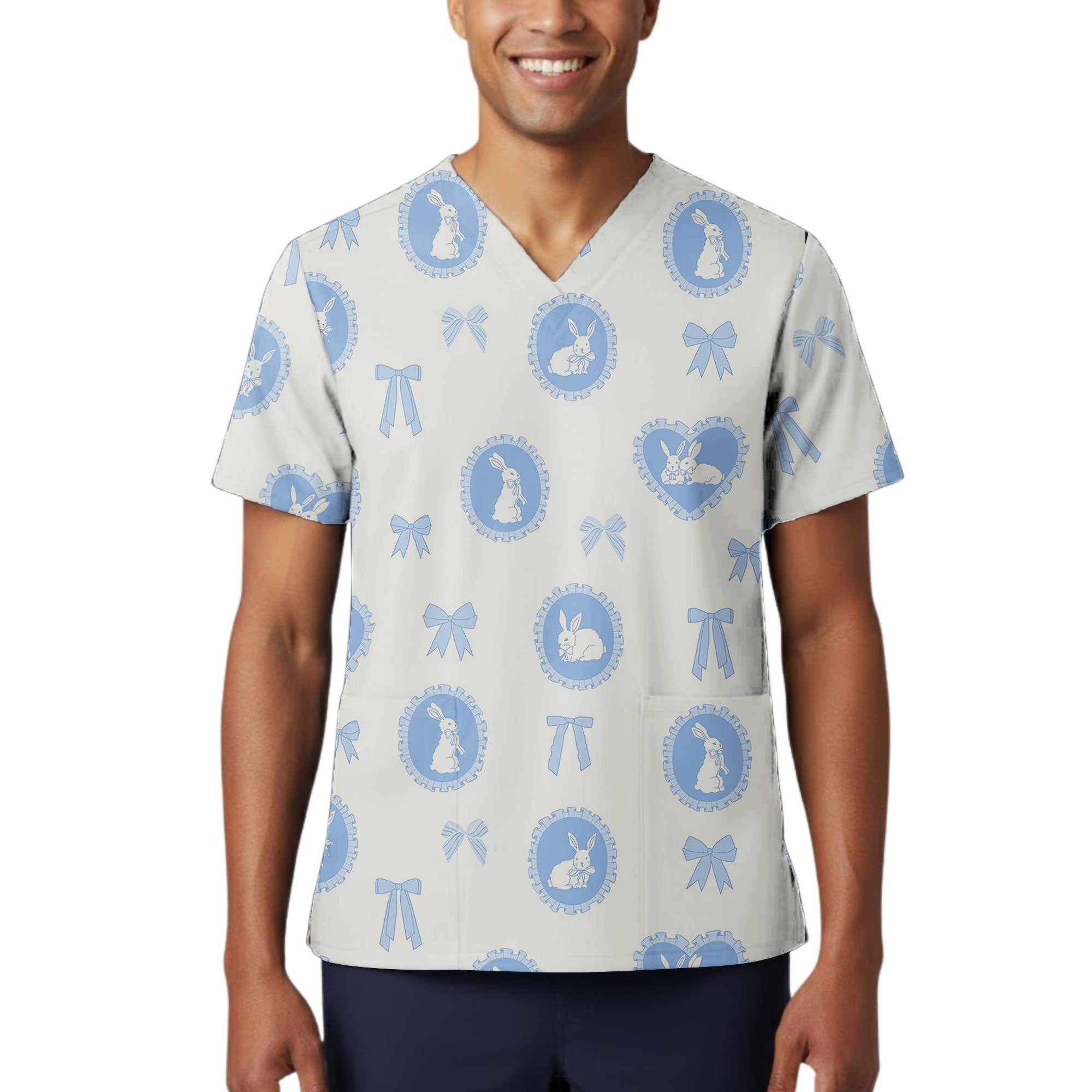 Vintage Blue Cameo Bunny Printed Scrub Top for Pediatric Nurses
