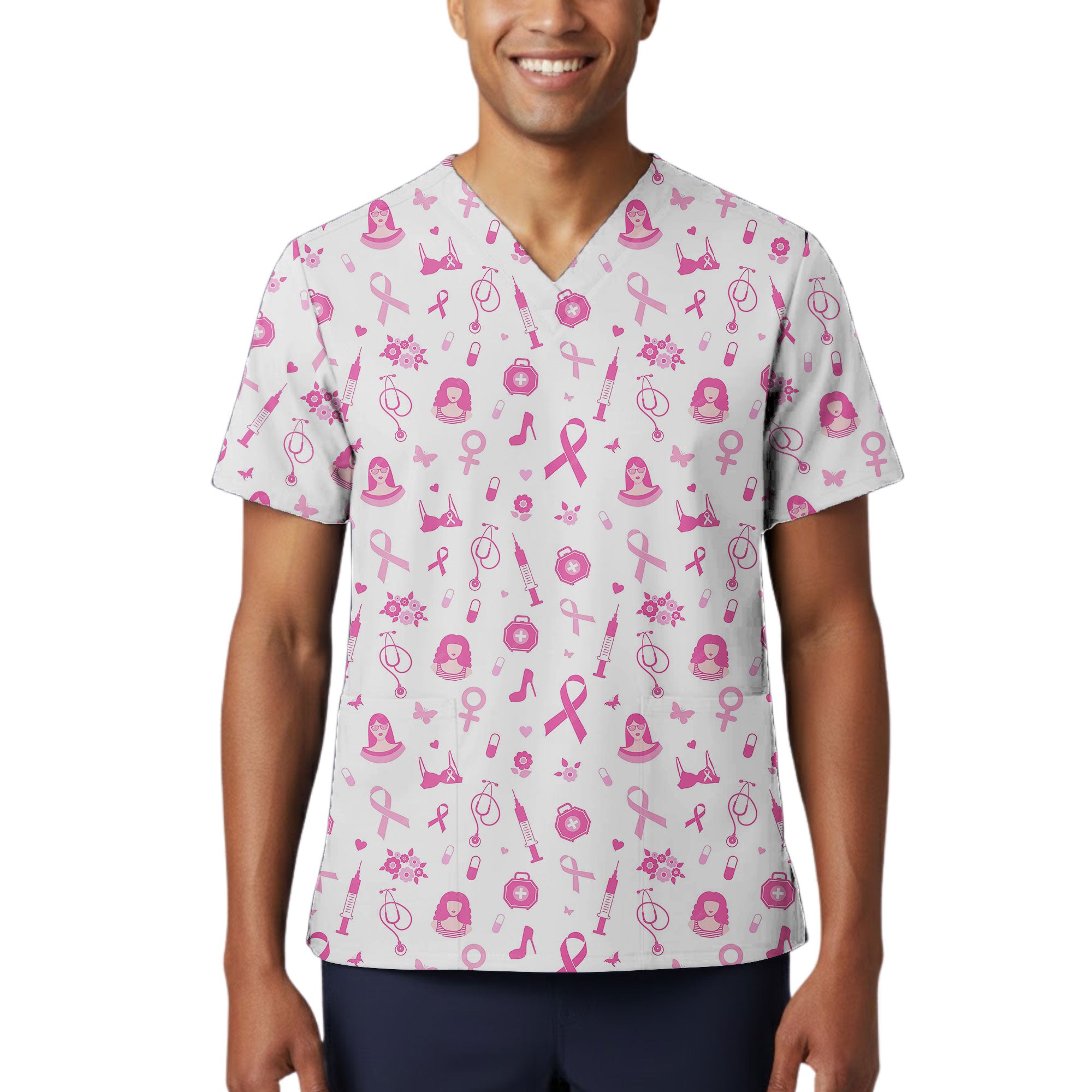 Pink Ribbon Awareness Printed Scrub Top for Oncology Nurses