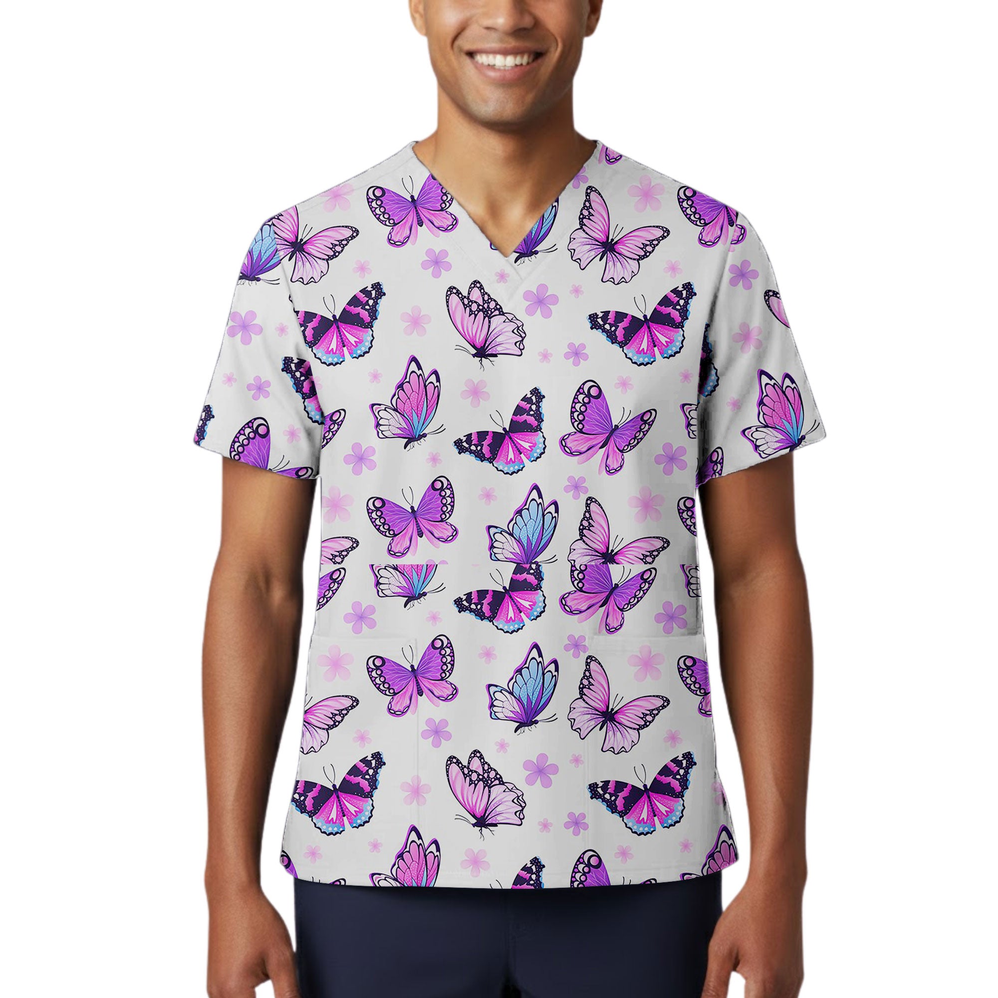 Purple Butterfly and Floral Printed Scrub Top for Nurses