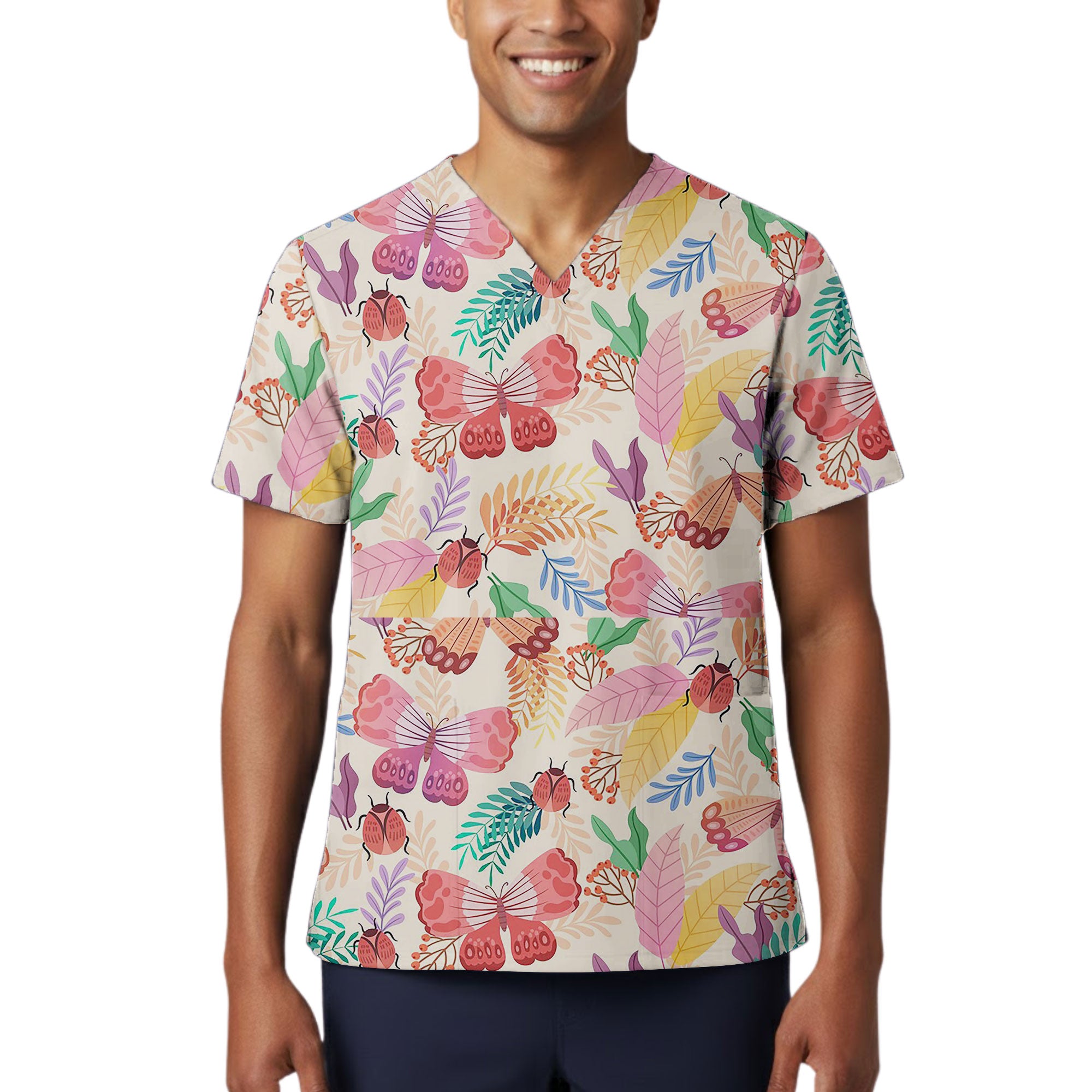 Whimsical Butterfly Ladybug Garden Printed Scrub Top for Nurses